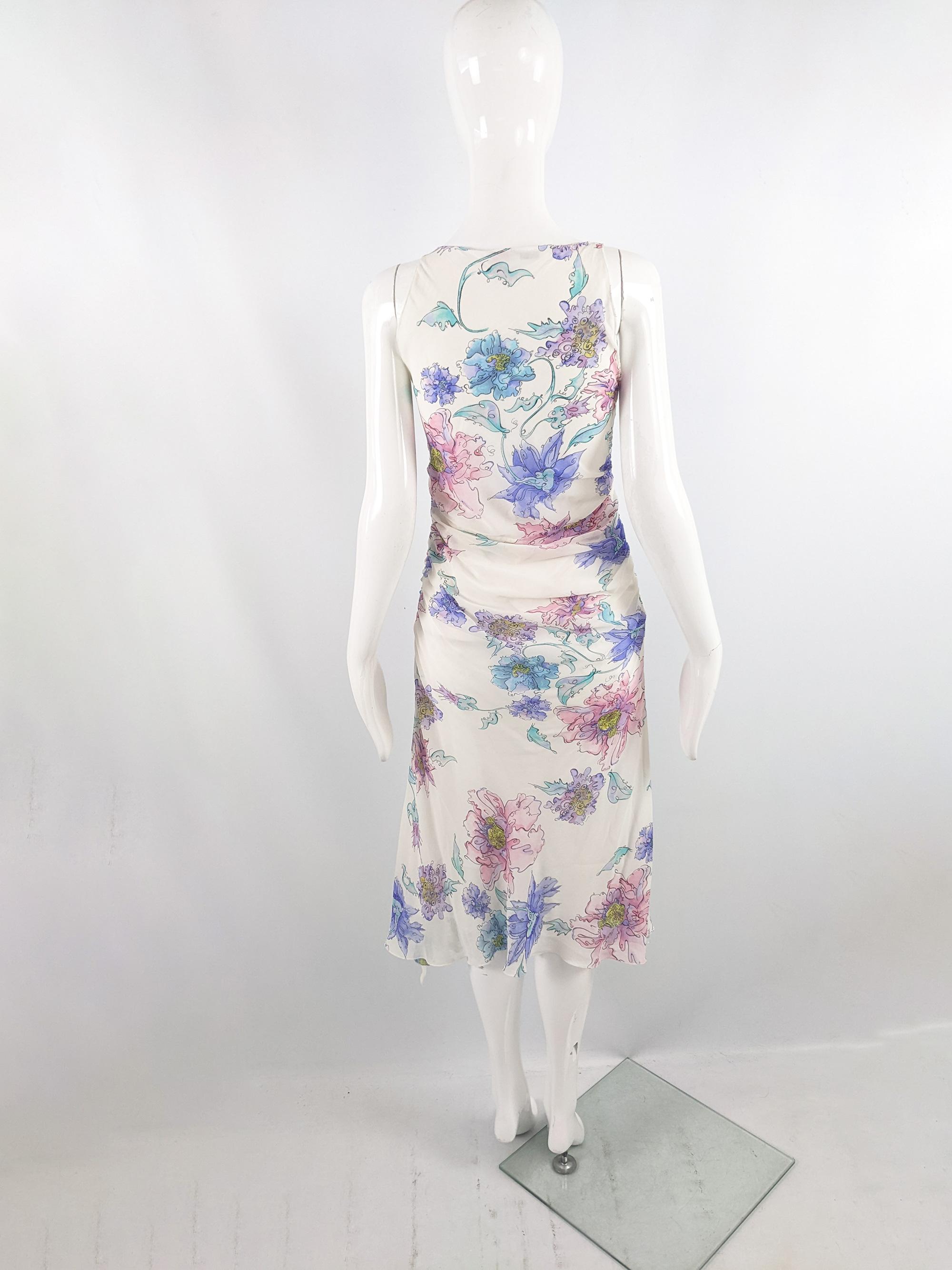 Emanuel Ungaro Vintage y2k 2000s Off White Floral Silk Sleeveless Dress For Sale 1