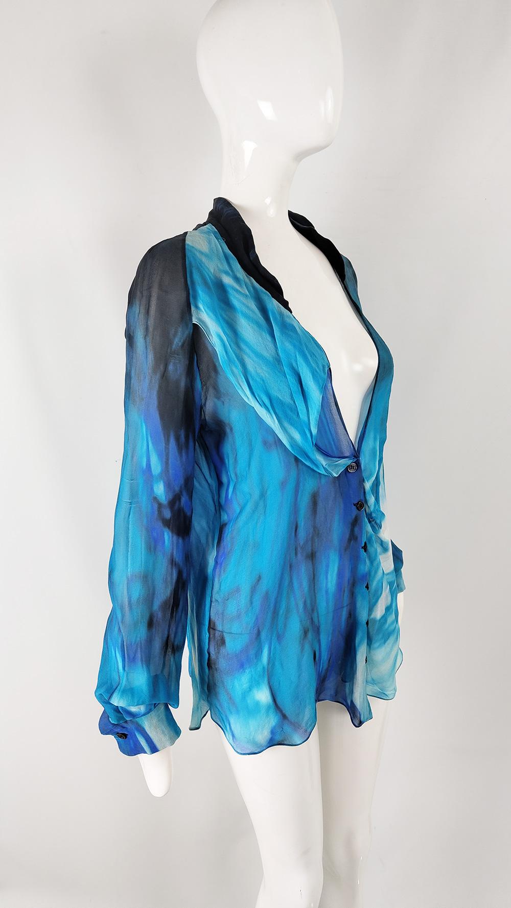 Women's Emanuel Ungaro Vintage y2k Silk Chiffon Blue Abstract Sea Print Blouse, 2000s For Sale