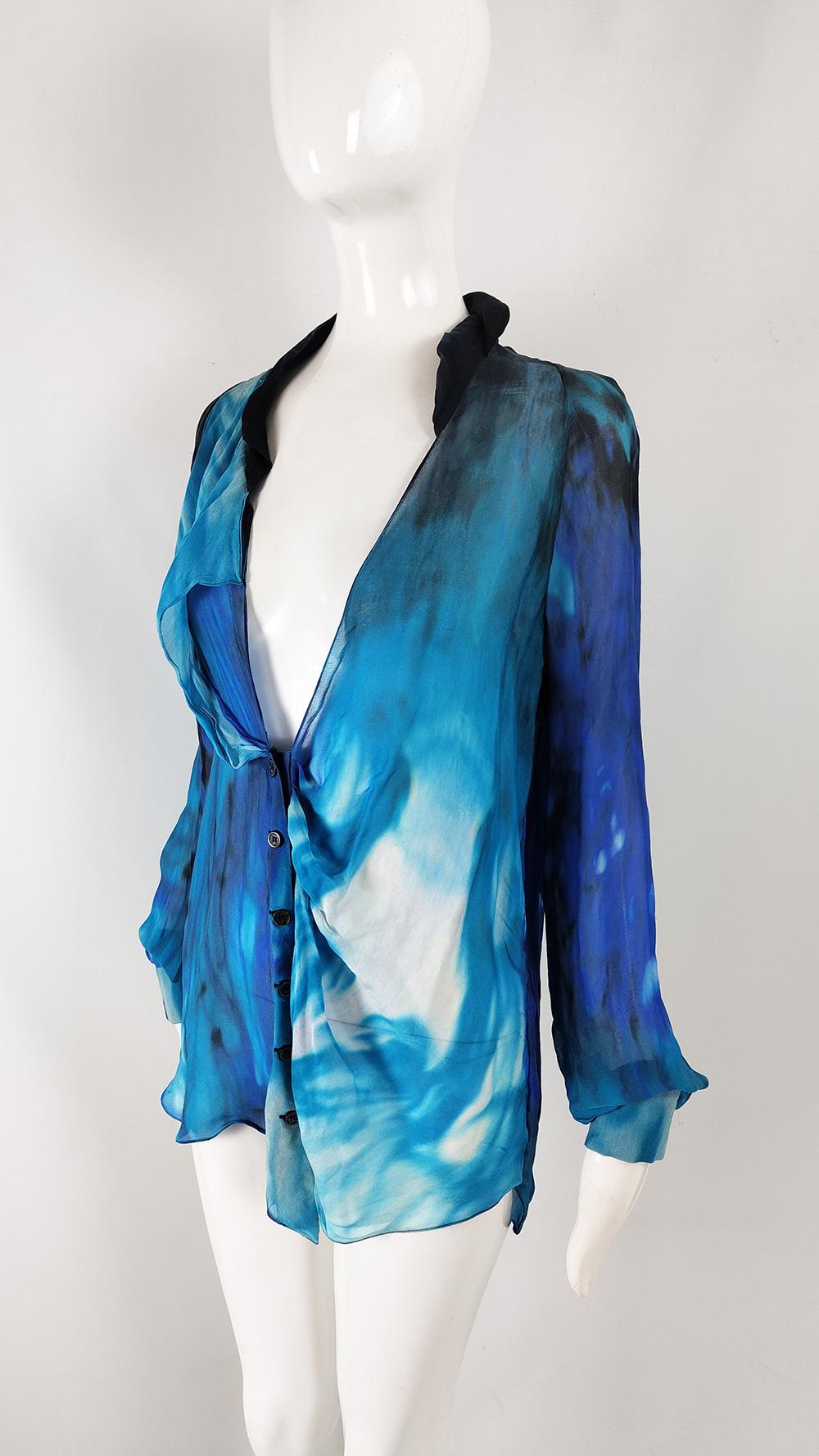 Emanuel Ungaro Vintage y2k Silk Chiffon Blue Abstract Sea Print Blouse, 2000s For Sale 1