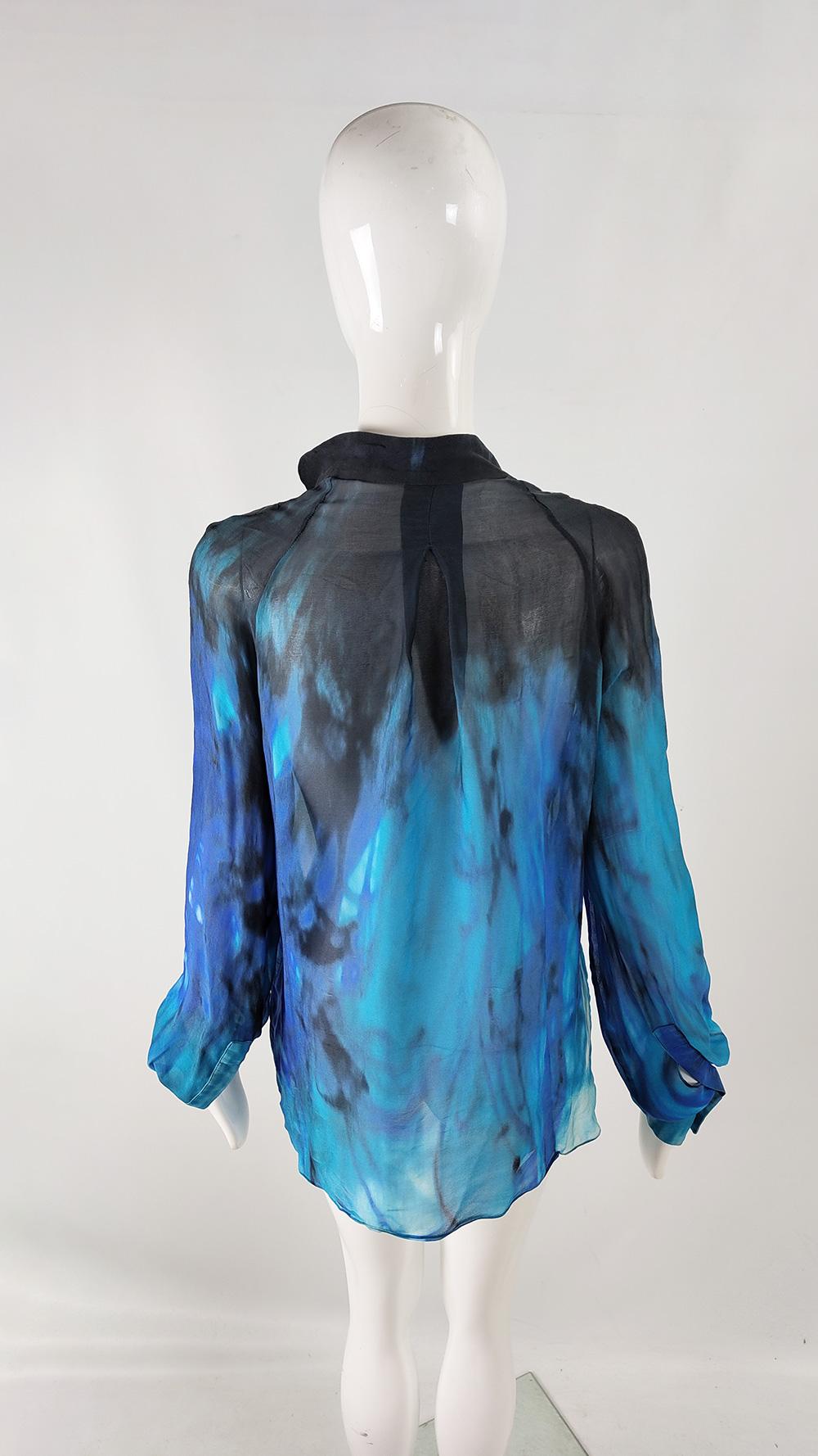 Emanuel Ungaro Vintage y2k Silk Chiffon Blue Abstract Sea Print Blouse, 2000s For Sale 2