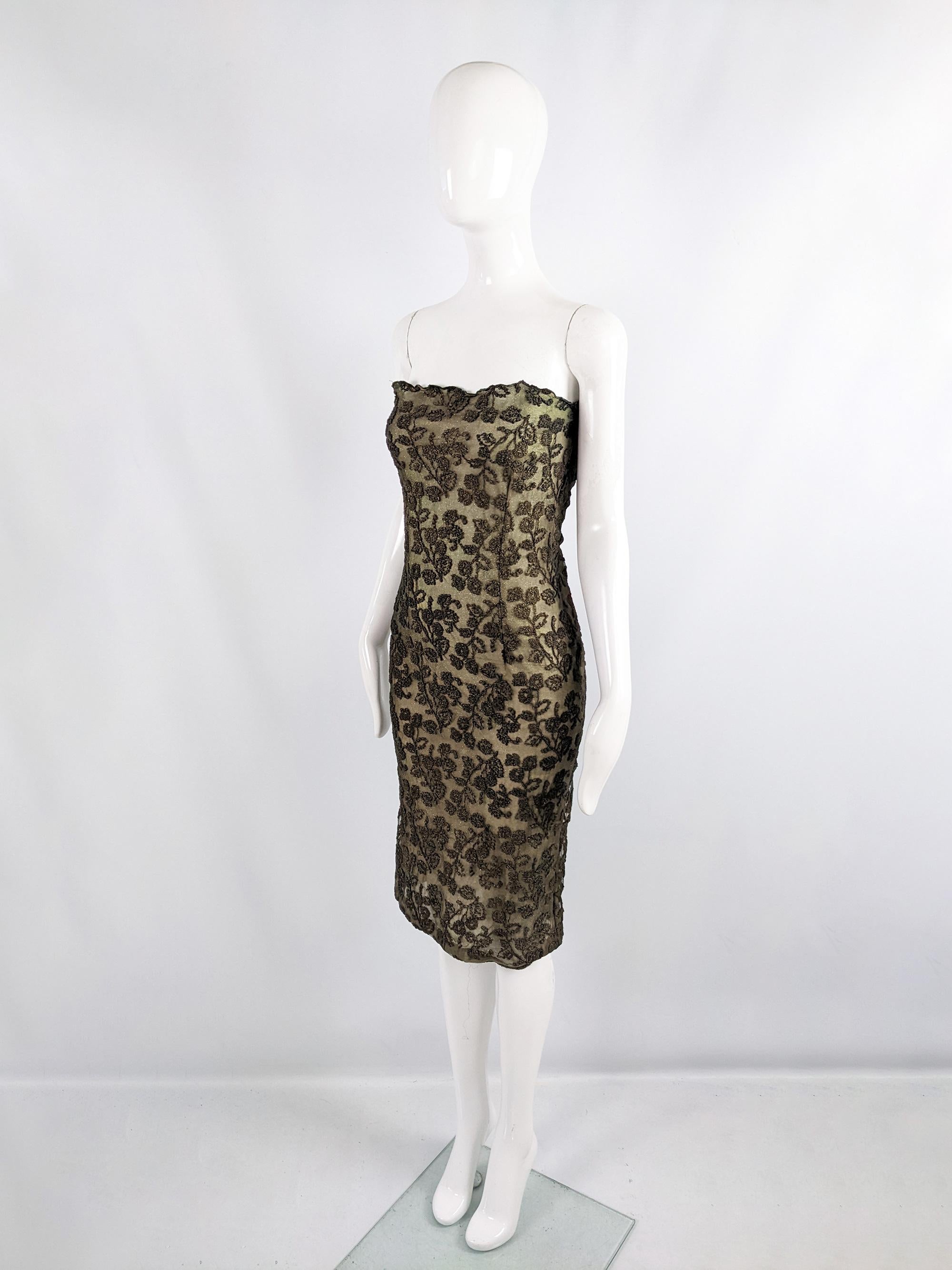Emanuel Ungaro Vintage y2k Strapless Green Embroidered Mesh Party Dress, 2000s In Good Condition For Sale In Doncaster, South Yorkshire