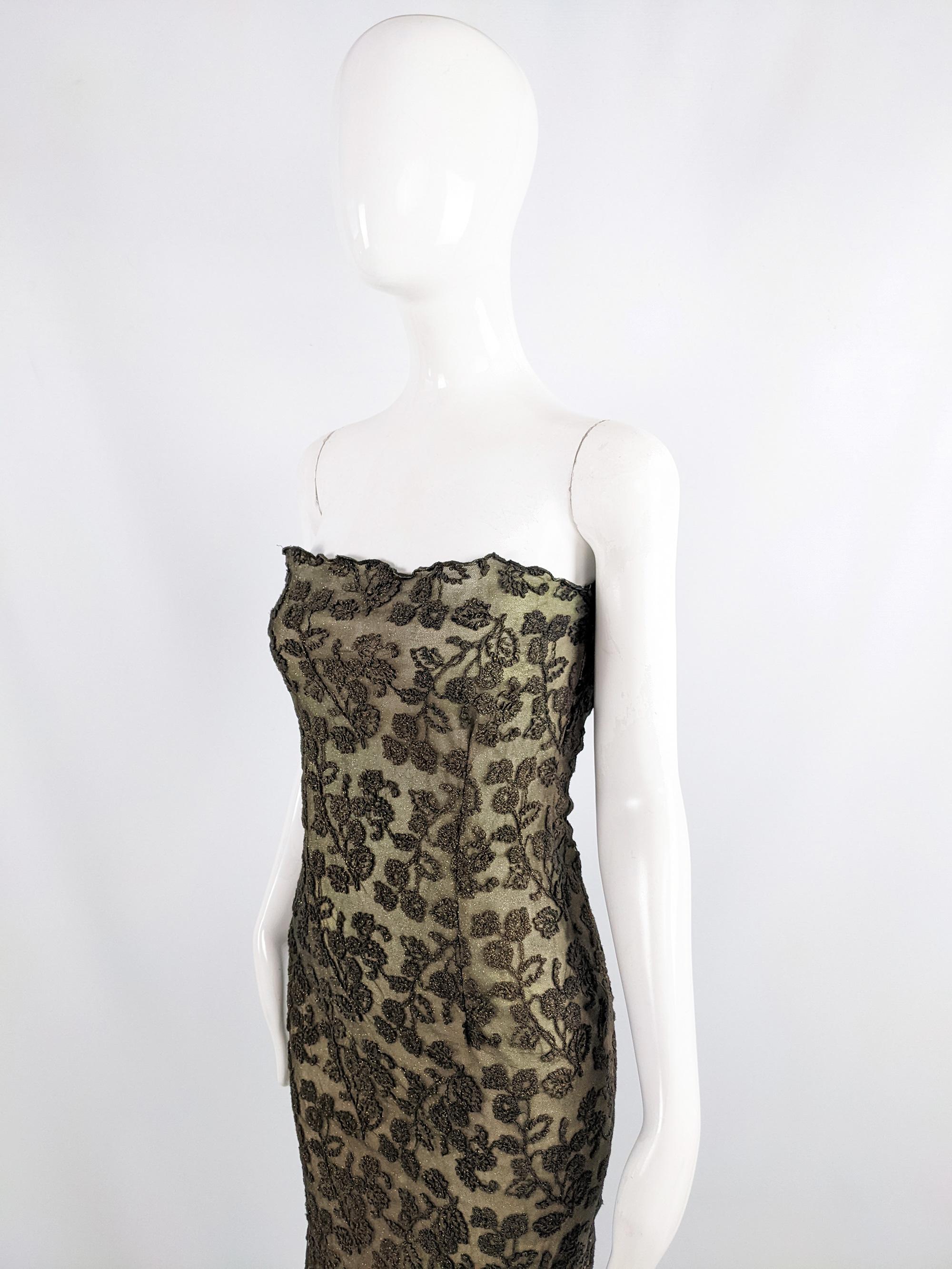 Women's Emanuel Ungaro Vintage y2k Strapless Green Embroidered Mesh Party Dress, 2000s For Sale