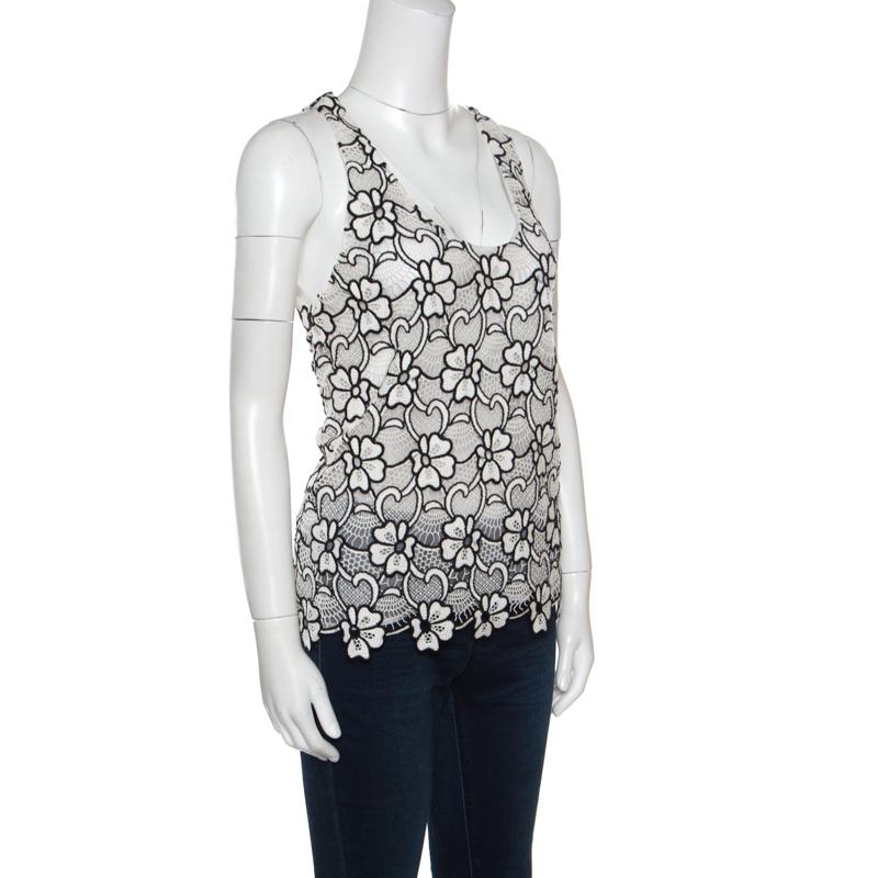 Gray Emanuel Ungaro White and Black Semi Sheer Floral Lace Cotton Tank Top M