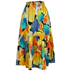 Emanuel Ungaro Yellow Green Cotton Long Floral Skirt 1980s 