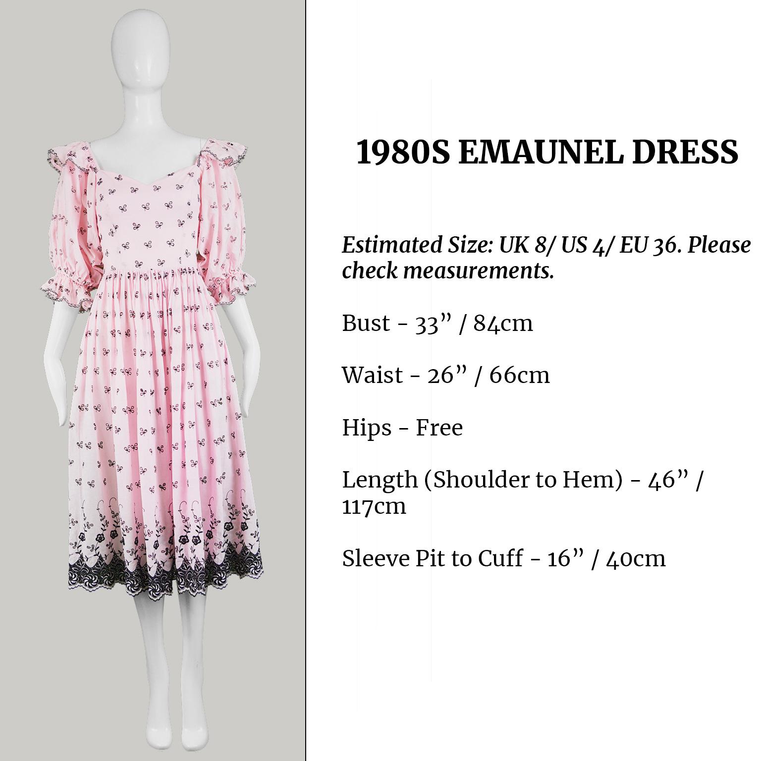 Emanuel Vintage Pink & Black Broderie Anglaise Cotton Peasant Dress, 1980s 4