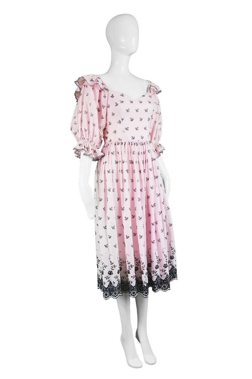 Emanuel Vintage Pink & Black Broderie Anglaise Cotton Peasant Dress, 1980s In Good Condition In Doncaster, South Yorkshire