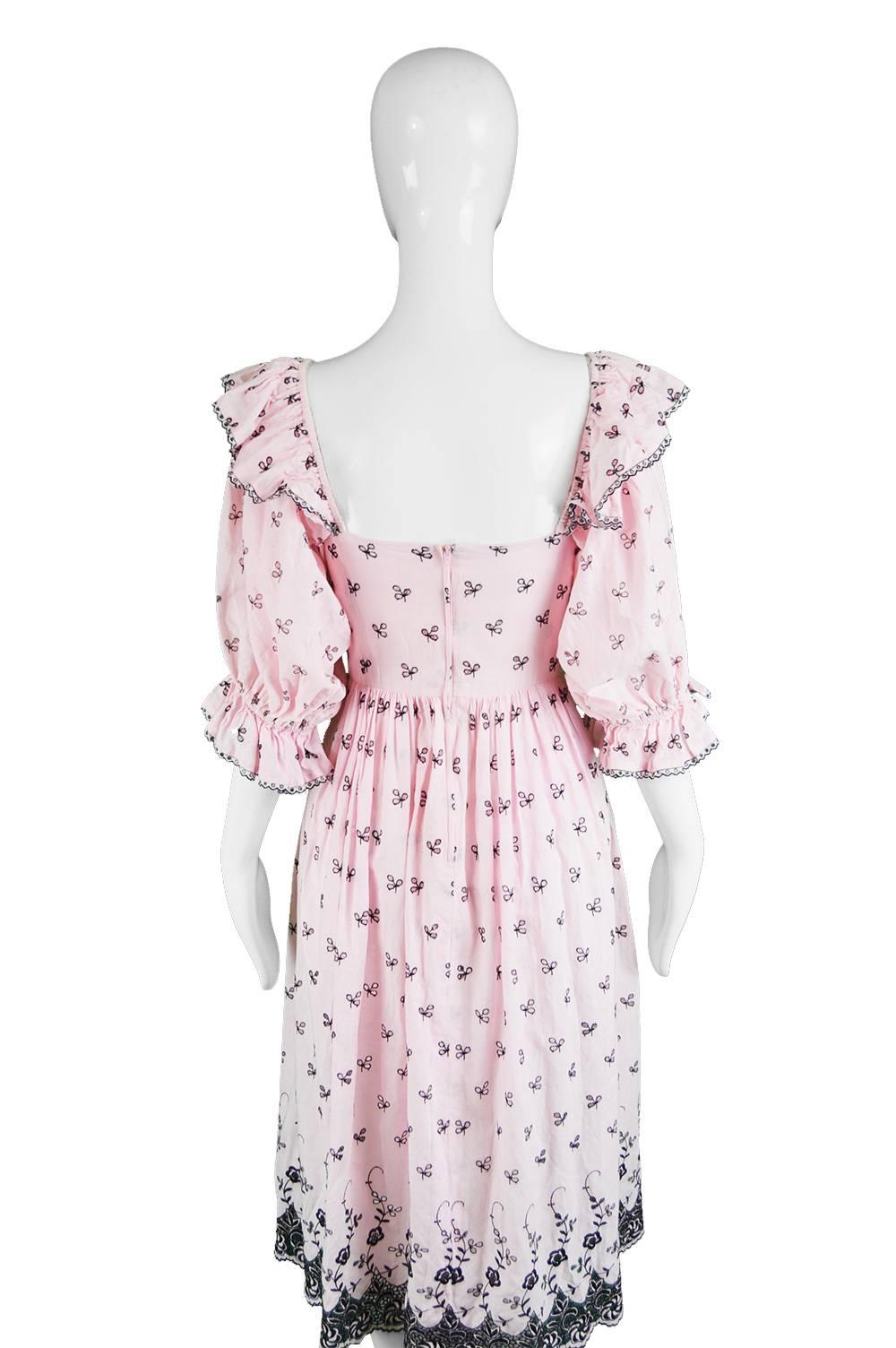 Women's Emanuel Vintage Pink & Black Broderie Anglaise Cotton Peasant Dress, 1980s