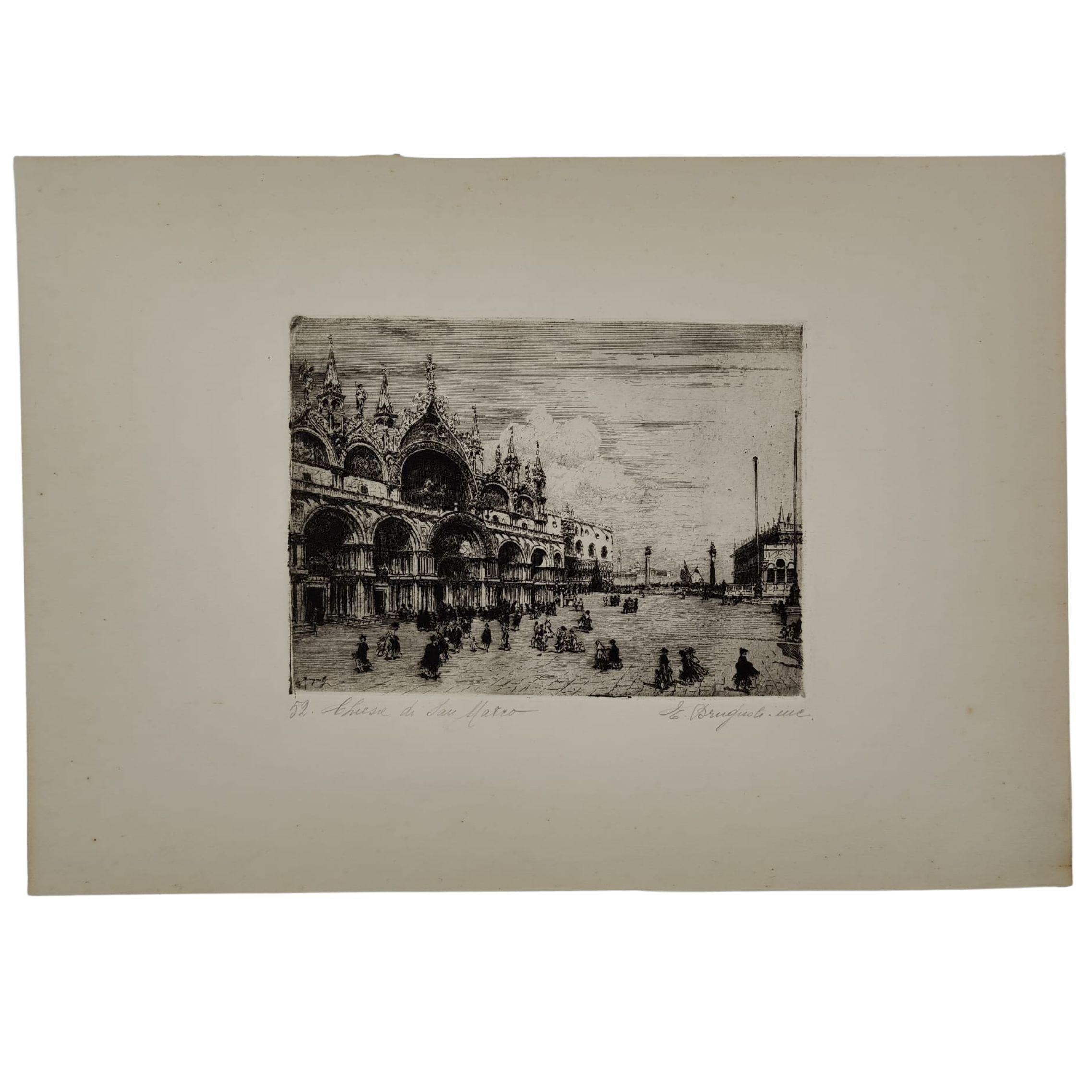 Engraving by Emanuele Brugnoli (Bologna, 1859 - Venice, 1944), an artist trained at the Academy of Fine Arts in Bologna under Valentino Solmi. Brugnoli is known for his fine production of watercolor views and etchings devoted mainly to the city of