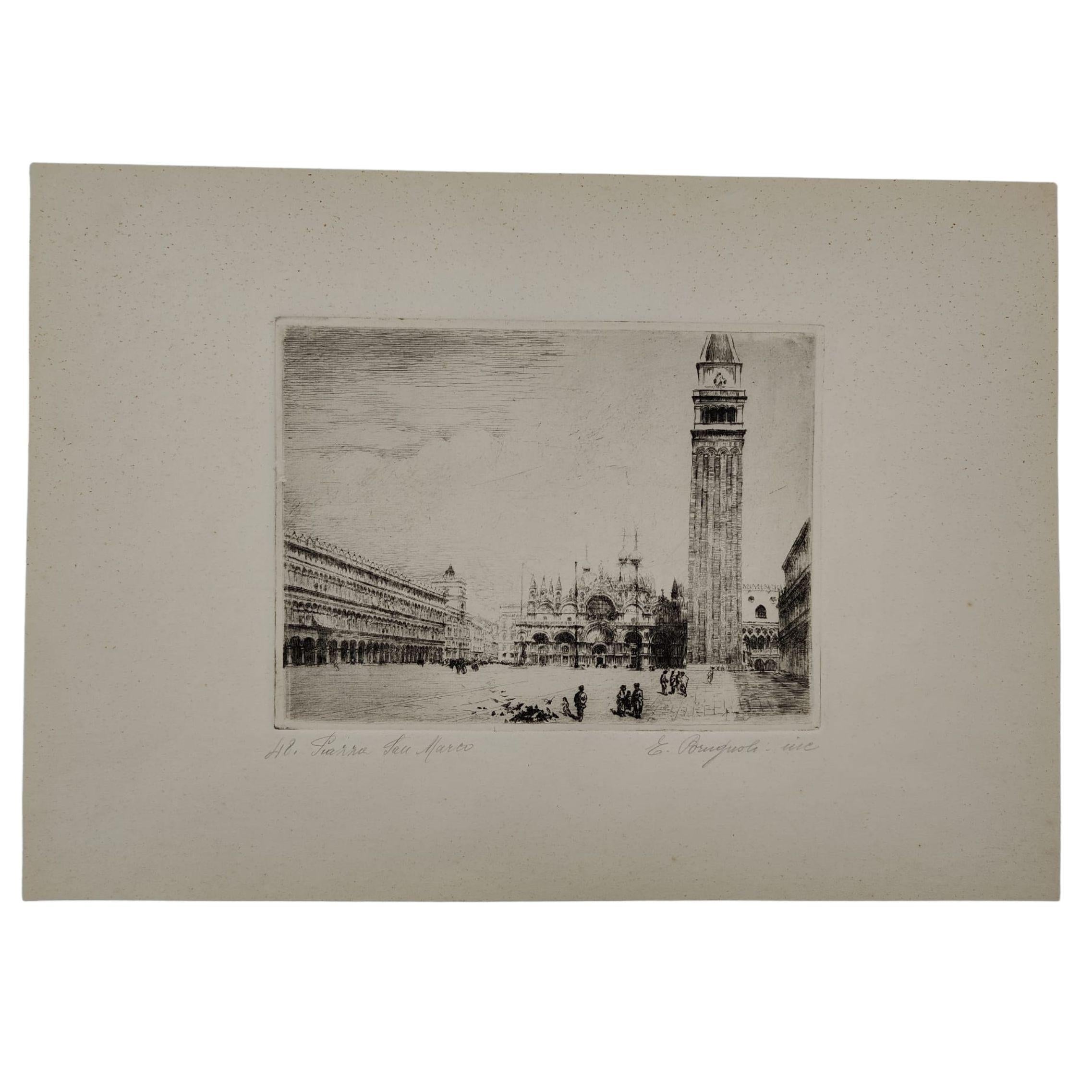 Etching by Emanuele Brugnoli, "Piazza San Marco," Venice, 1930s, Italy
