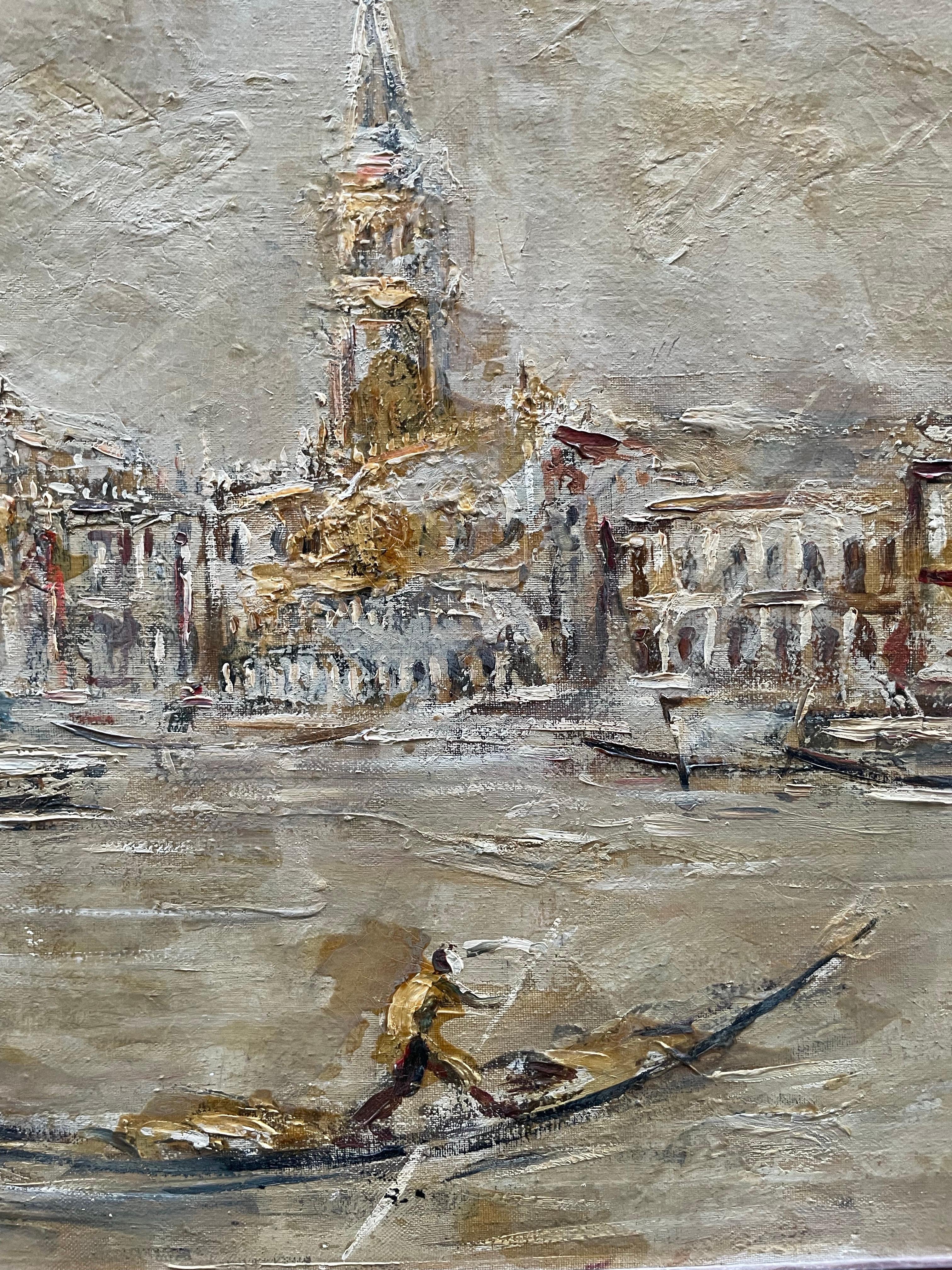 Canal Grande con gondole, anni '70 Di Emanuel Cappello - Landscape Painting Grigio di Emanuele Cappello