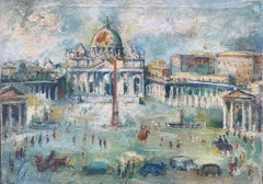 Vintage Saint Peter's Square, Vatican, Rome, by  Florentine Painter Emanuele Cappello.