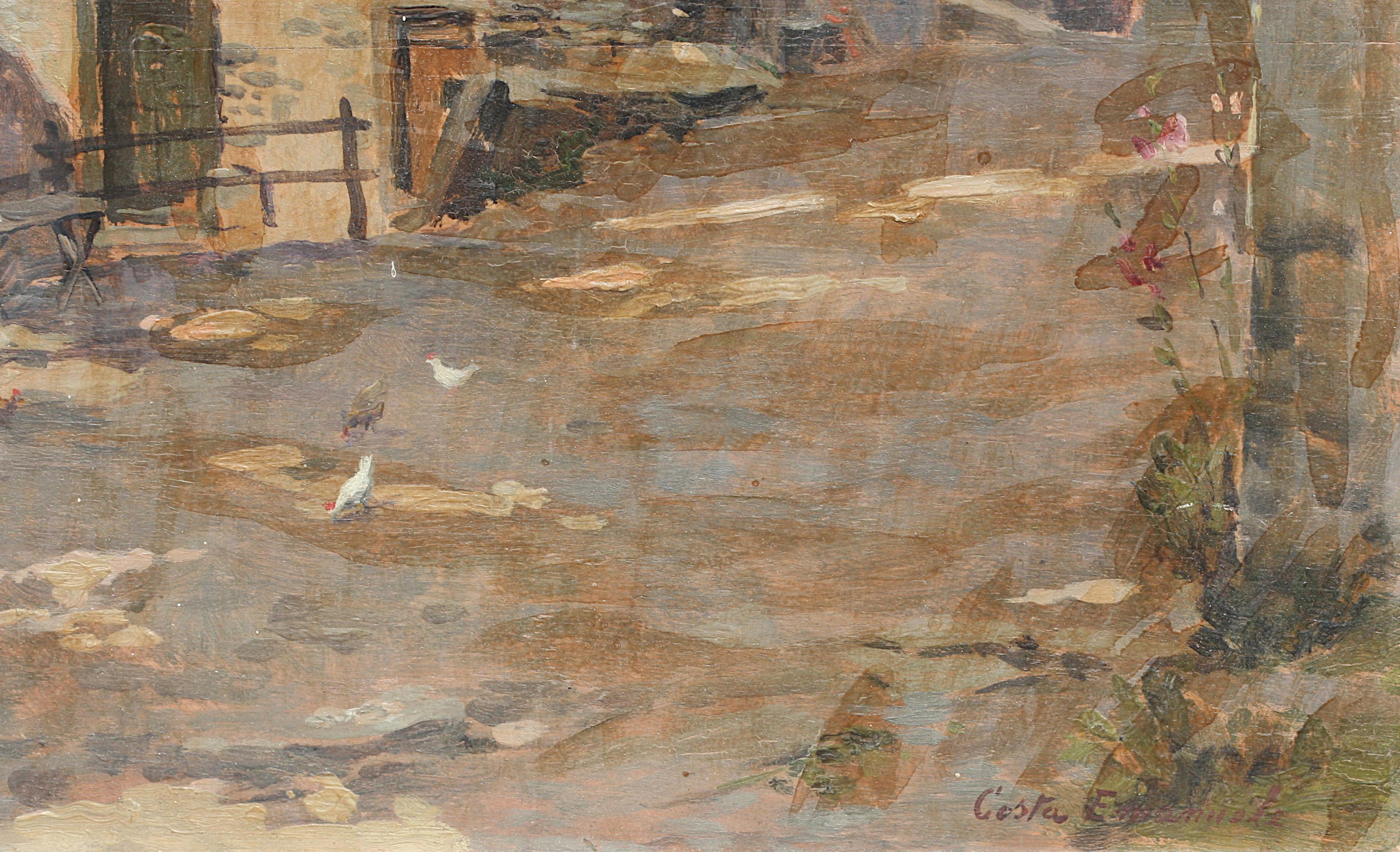 Emanuele Costa, Probablemente, (italiano, 1875-1959) Camino de pueblo con granja siglo XX en venta