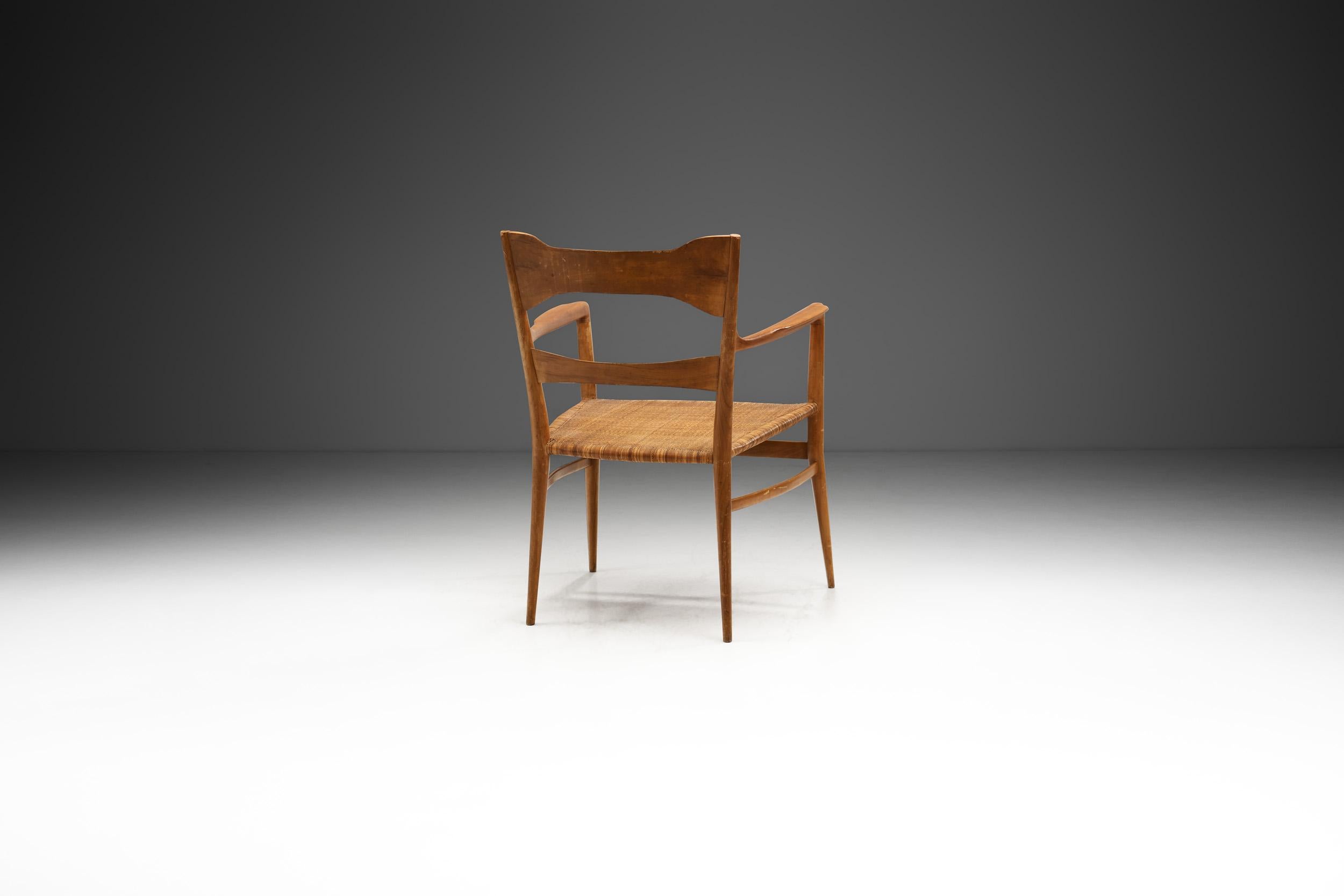 Mid-Century Modern Emanuele Rambaldi Fruitwood Armchair with Woven Cane Seat, Italy 1950s
