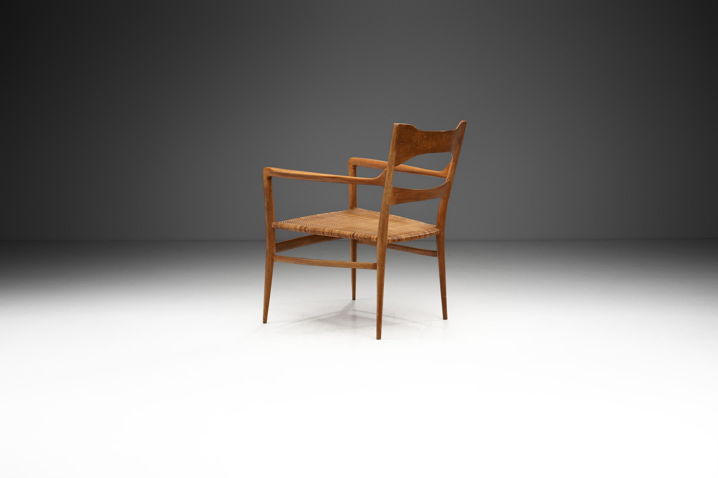 Italian Emanuele Rambaldi Fruitwood Armchair with Woven Cane Seat, Italy 1950s