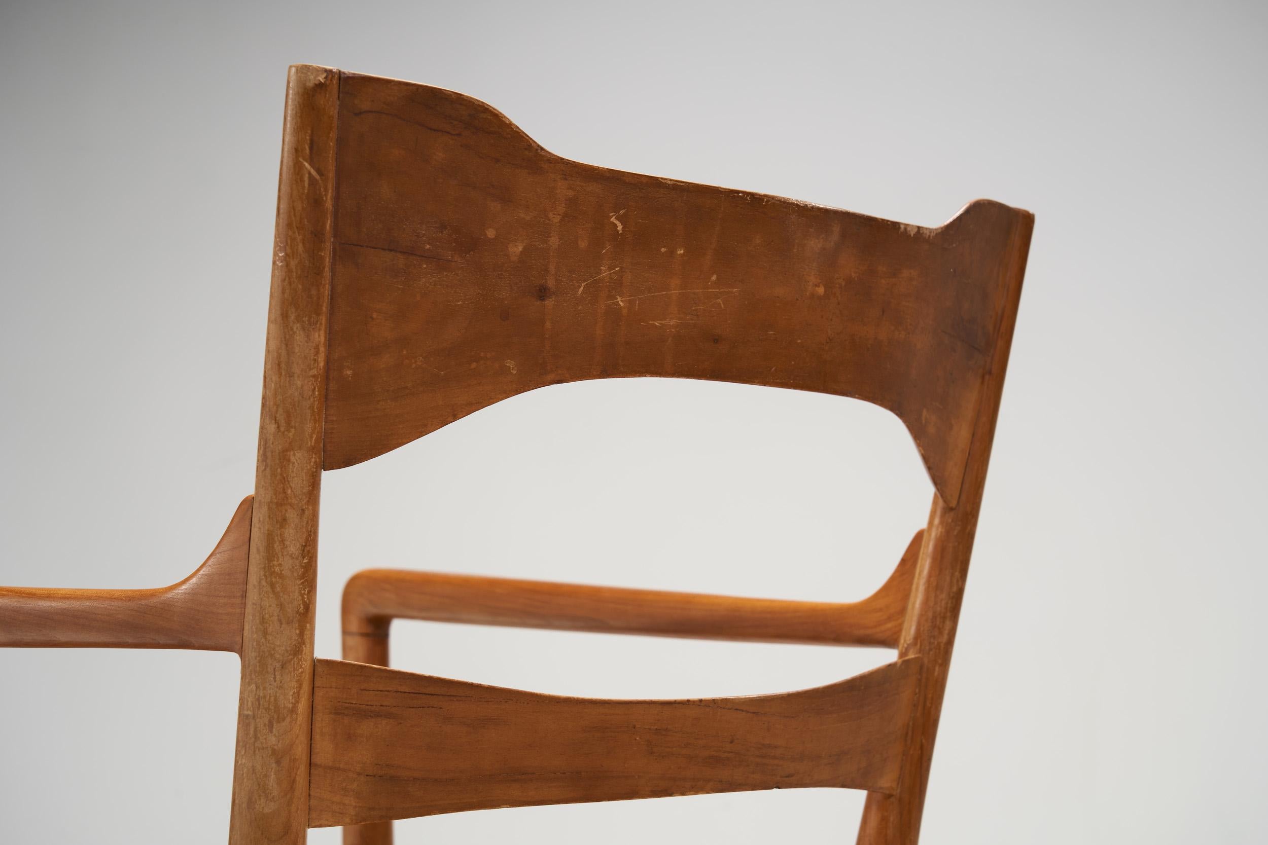 Mid-20th Century Emanuele Rambaldi Fruitwood Armchair with Woven Cane Seat, Italy 1950s
