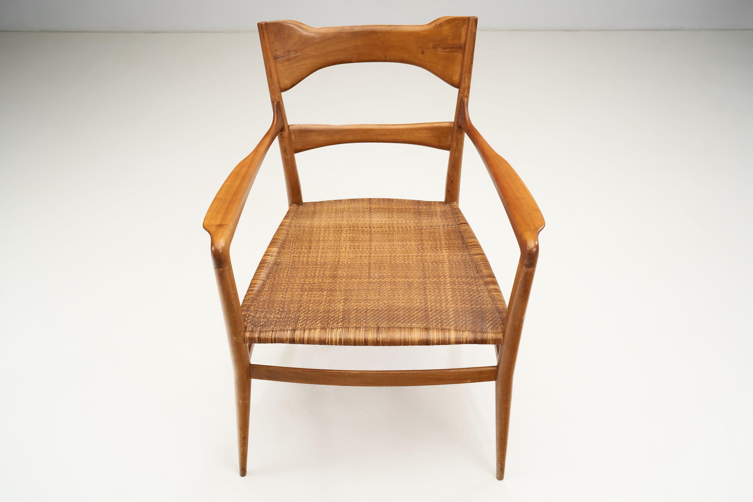 Emanuele Rambaldi Fruitwood Armchair with Woven Cane Seat, Italy 1950s 2