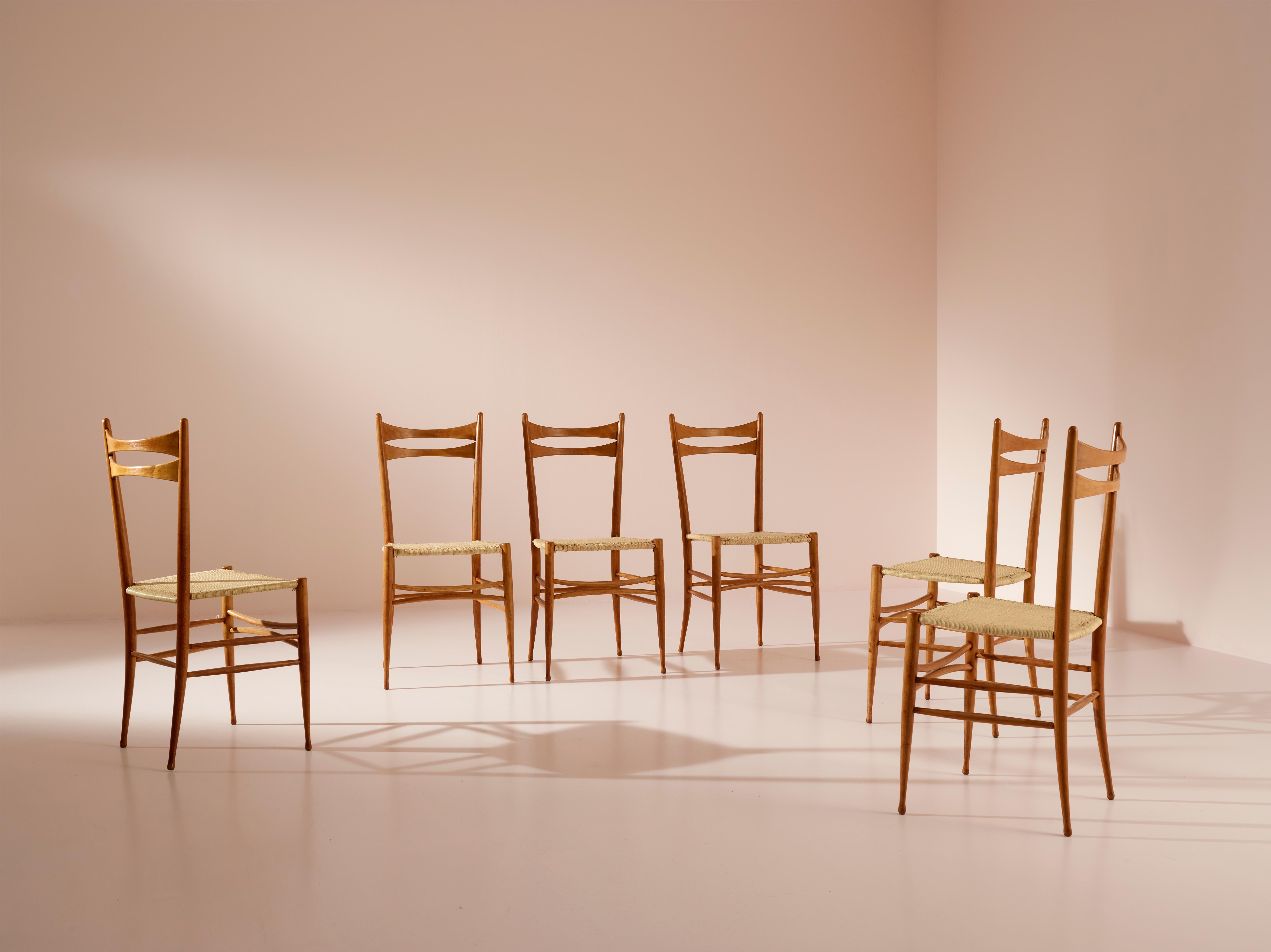 Emanuele Rambaldi set of six beech and straw chairs by Chiappe, Chiavari, 1940s For Sale 3