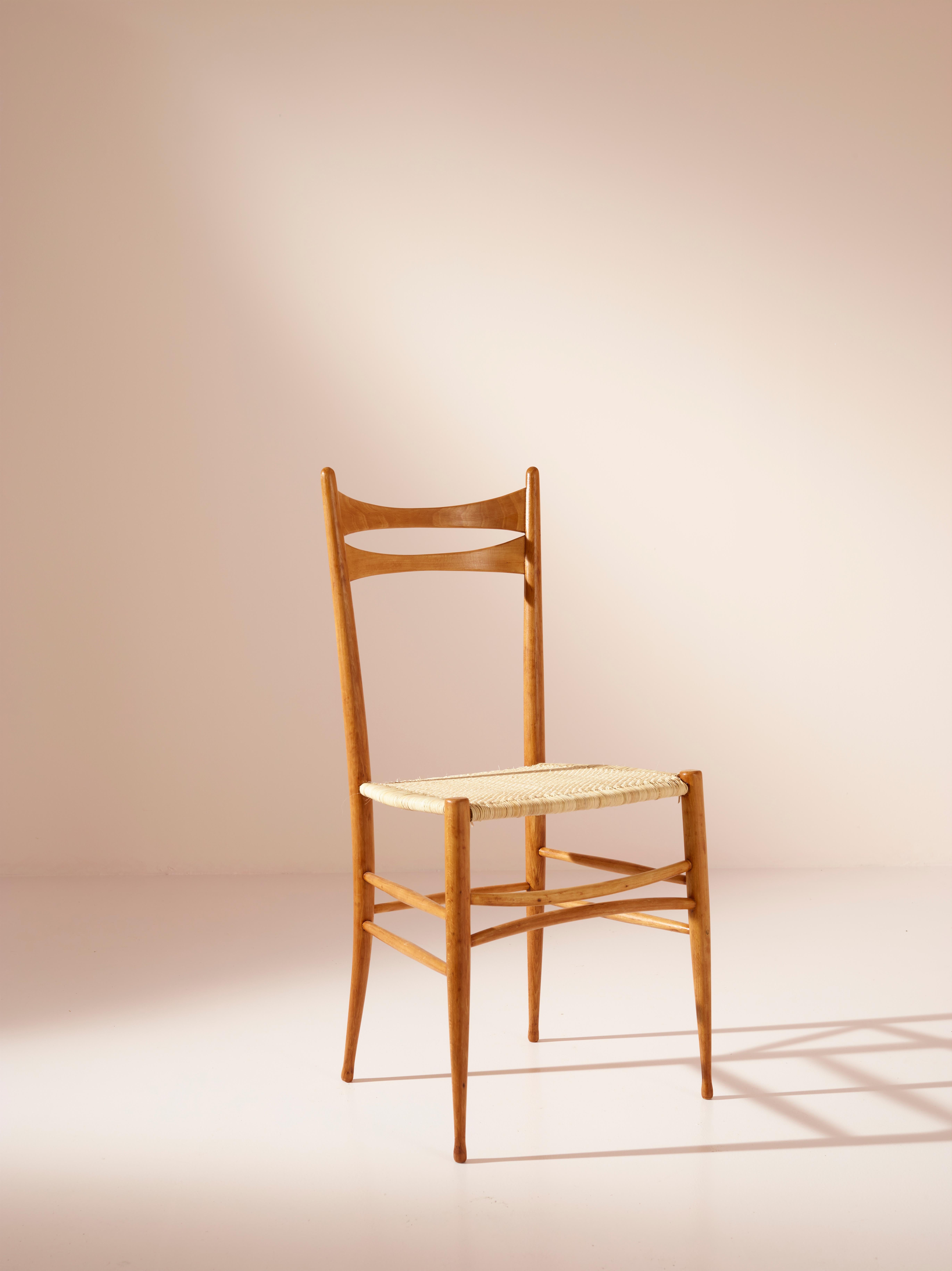 Italian Emanuele Rambaldi set of six beech and straw chairs by Chiappe, Chiavari, 1940s For Sale