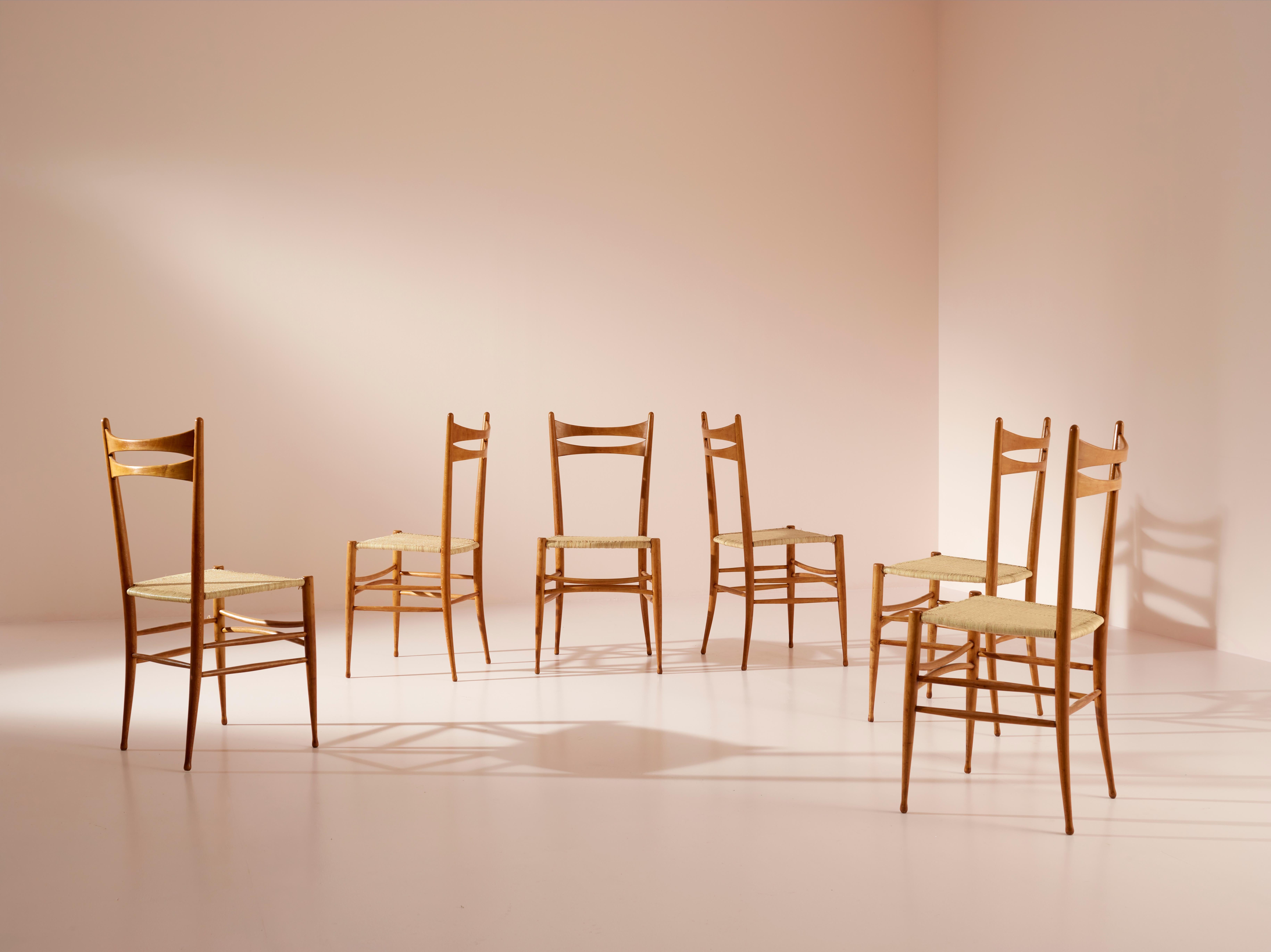 Emanuele Rambaldi set of six beech and straw chairs by Chiappe, Chiavari, 1940s For Sale 1