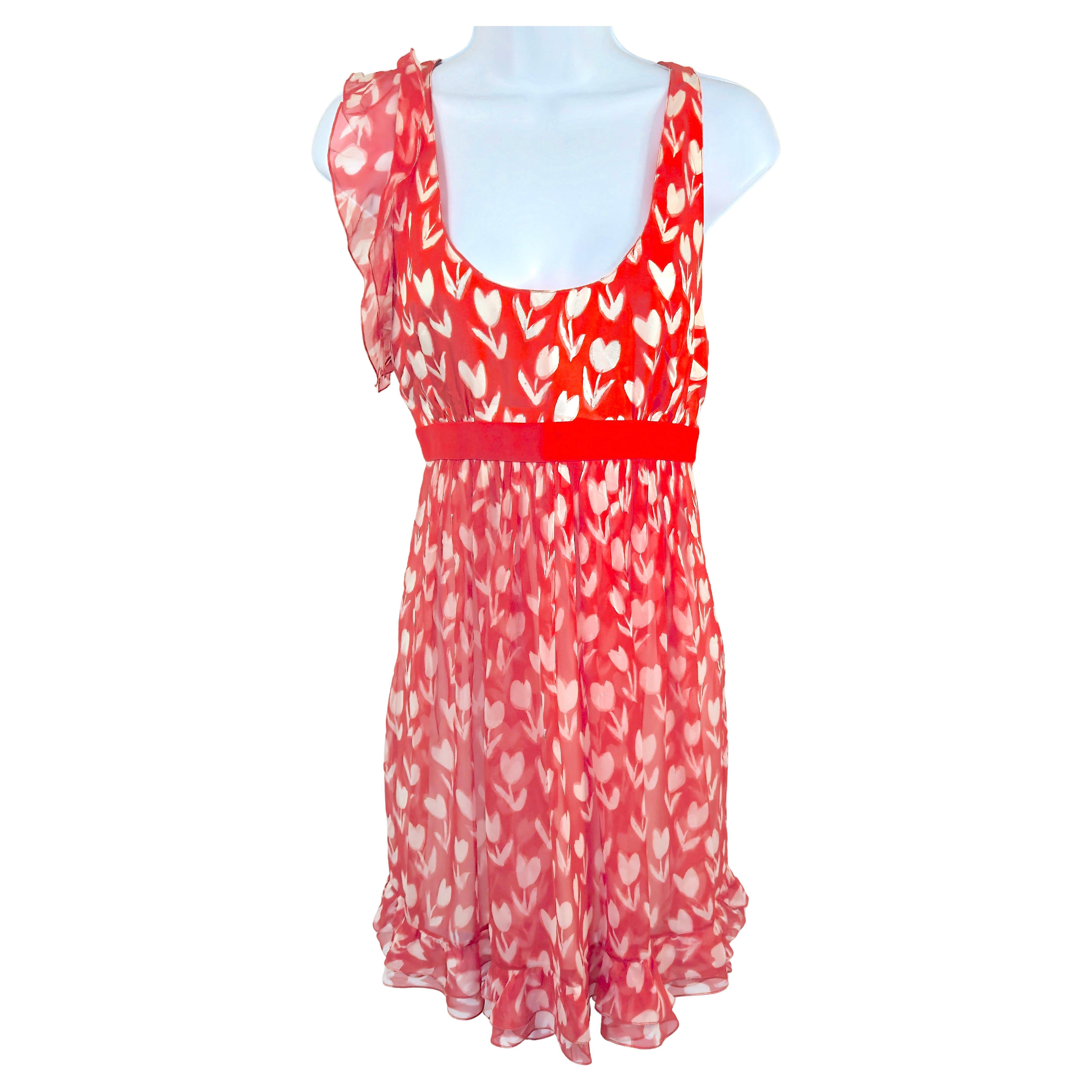 EmanuelUngaroParis Ruffled SilkTulipPrint ChiffonSkirt EmpireWaist Red MiniDress im Angebot