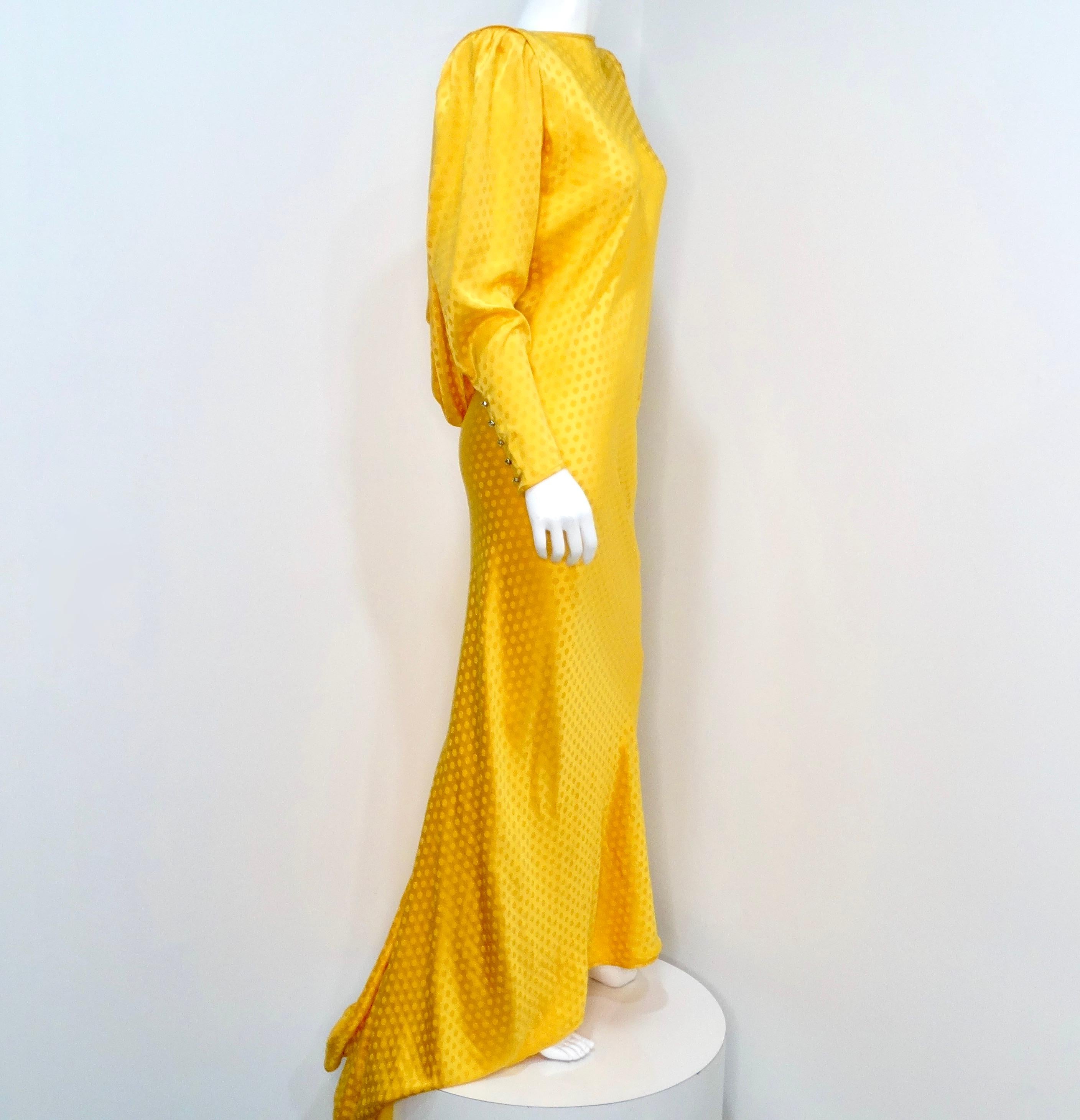 Emanul Ungaro Vintage 1970s Yellow Polka-dot Draped Silk Gown For Sale 7