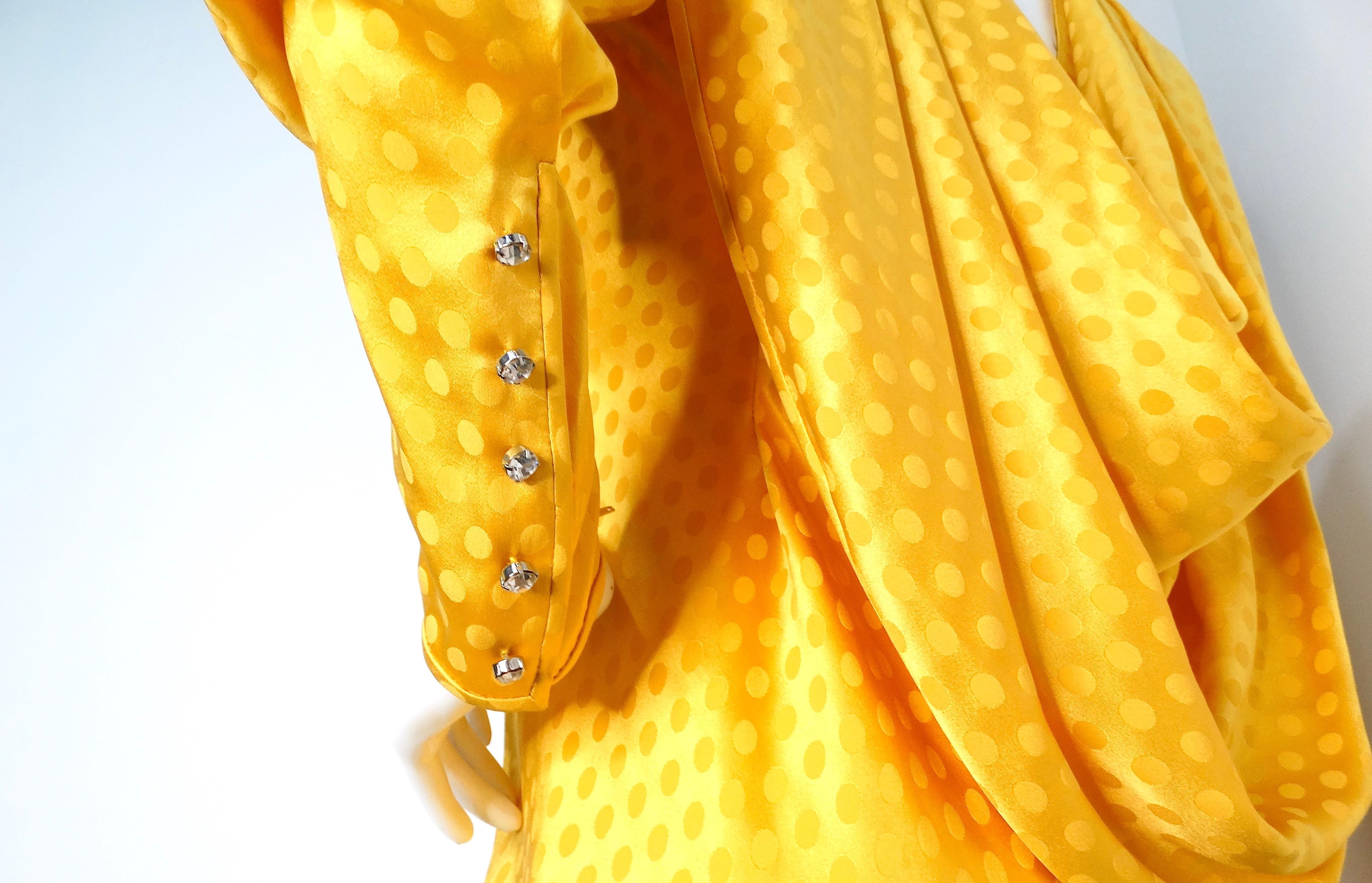 Emanul Ungaro Vintage 1970s Yellow Polka-dot Draped Silk Gown For Sale 3