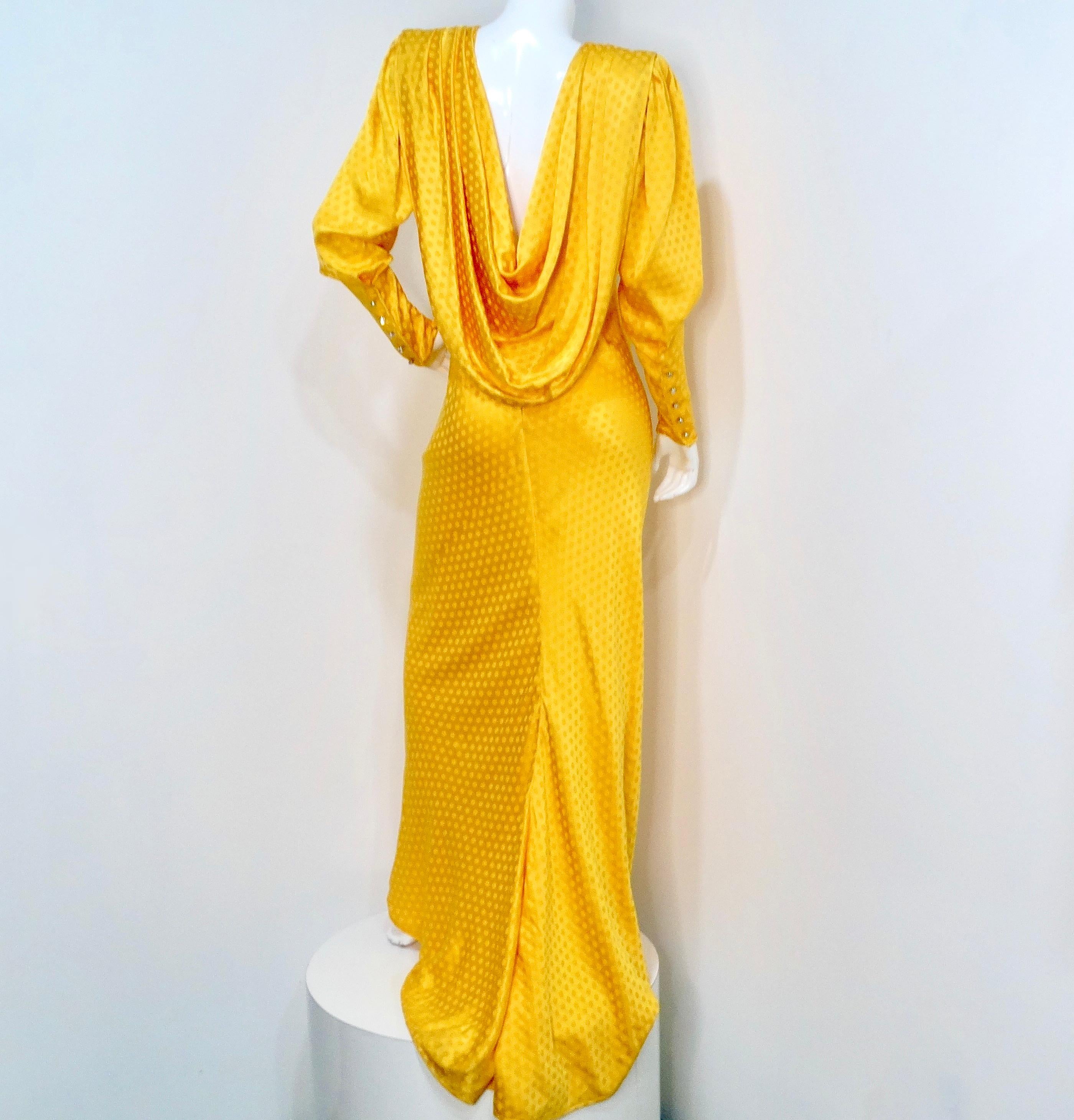 Emanul Ungaro Vintage 1970s Yellow Polka-dot Draped Silk Gown For Sale 4