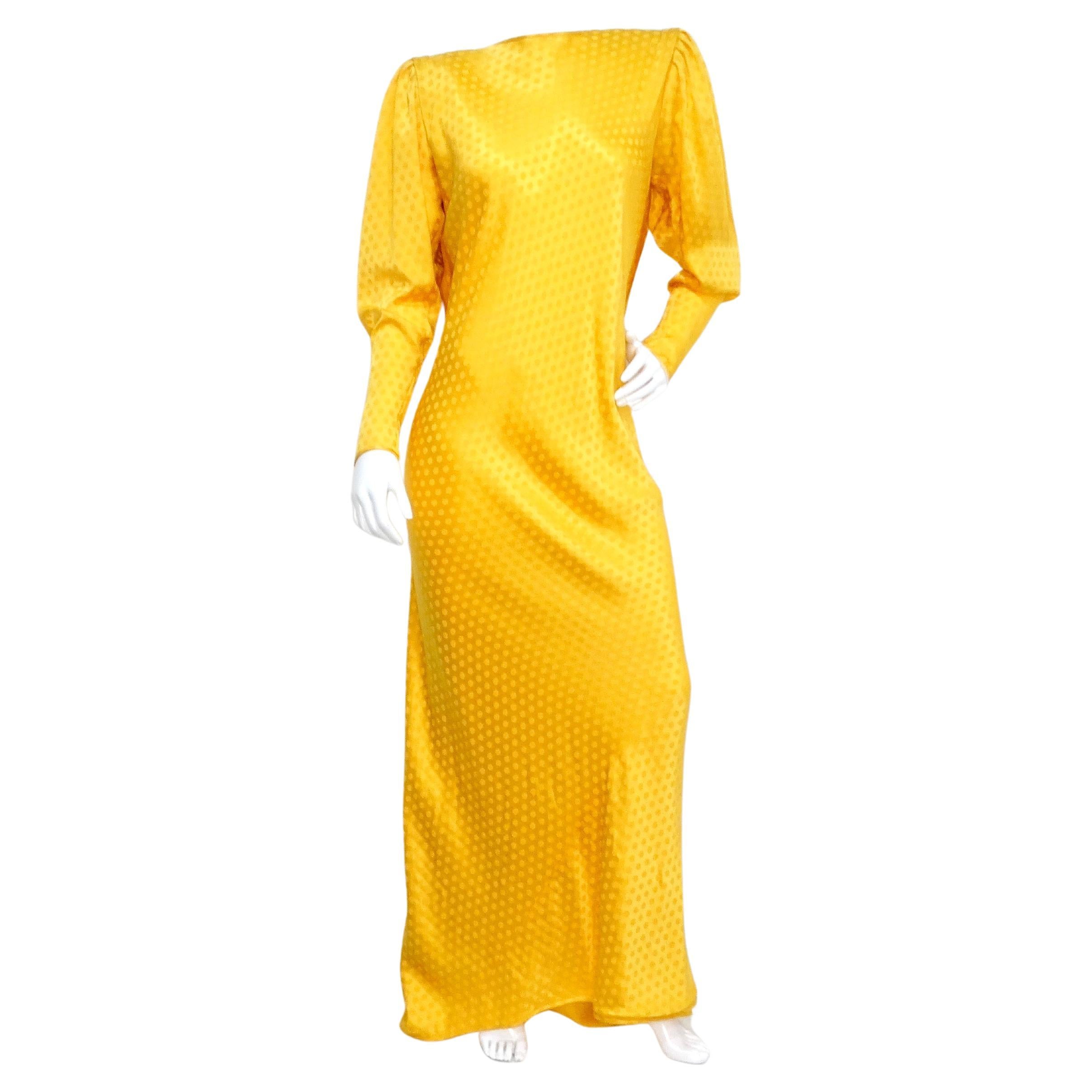 Emanul Ungaro Vintage 1970s Yellow Polka-dot Draped Silk Gown For Sale