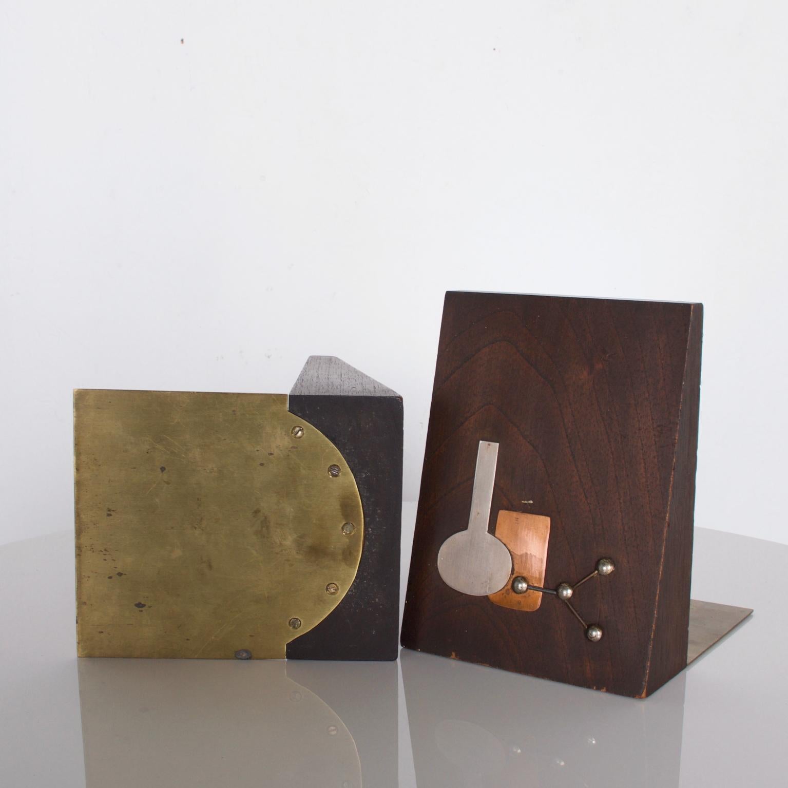 Mid-Century Modern 1970s Mahogany Steel and Copper Modernist Bookends Emaus of Mexico For Sale