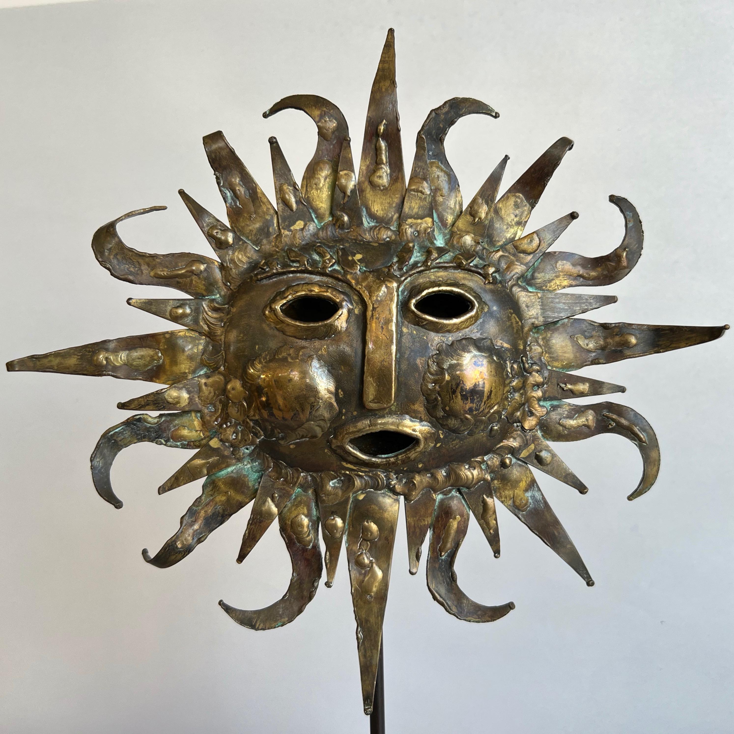 Emaús Brutalist Brass and Bronze Sun Face Sculpture on Stand, Signed, 1960s 5