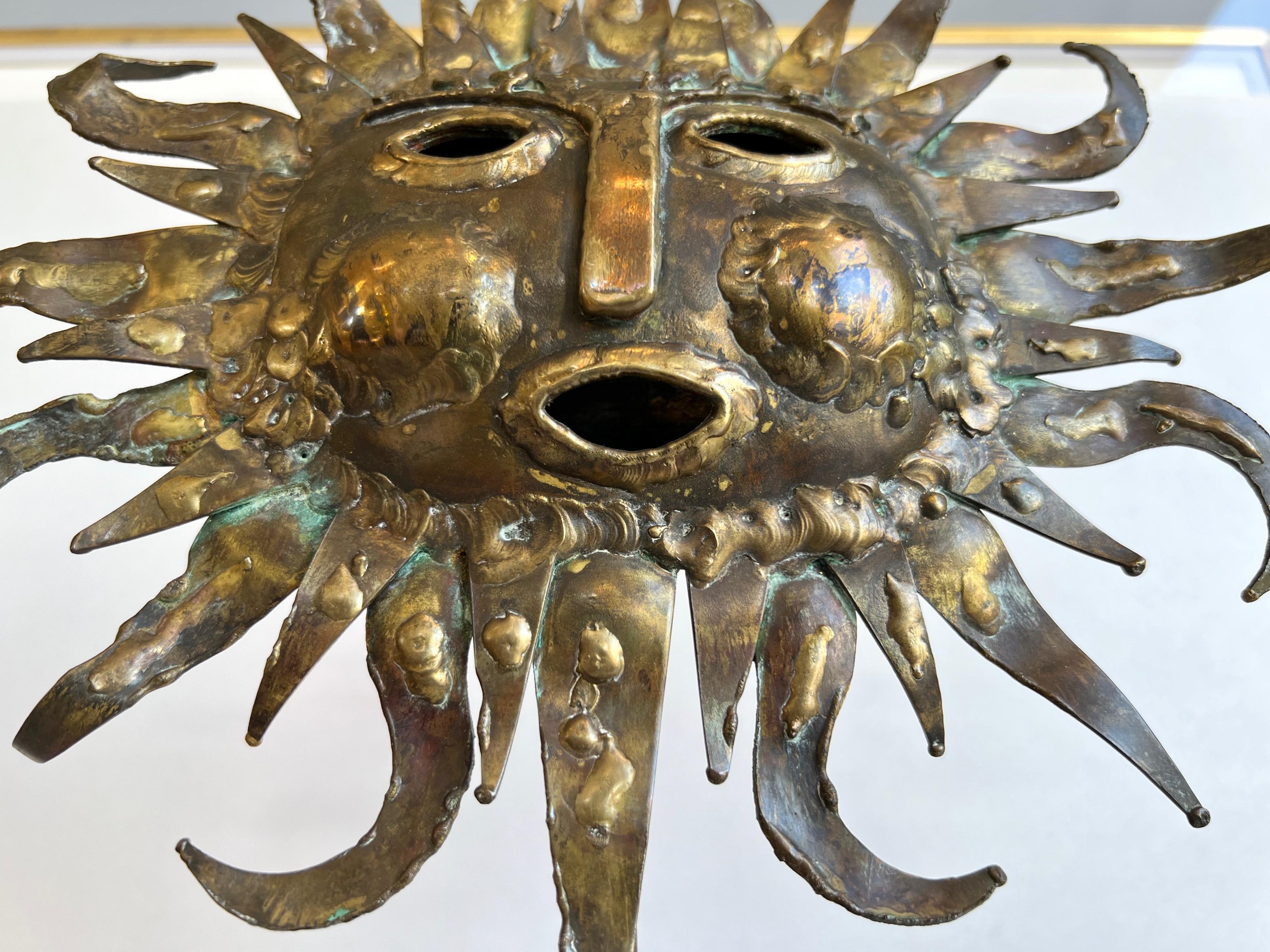Emaús Brutalist Brass and Bronze Sun Face Sculpture on Stand, Signed, 1960s 7