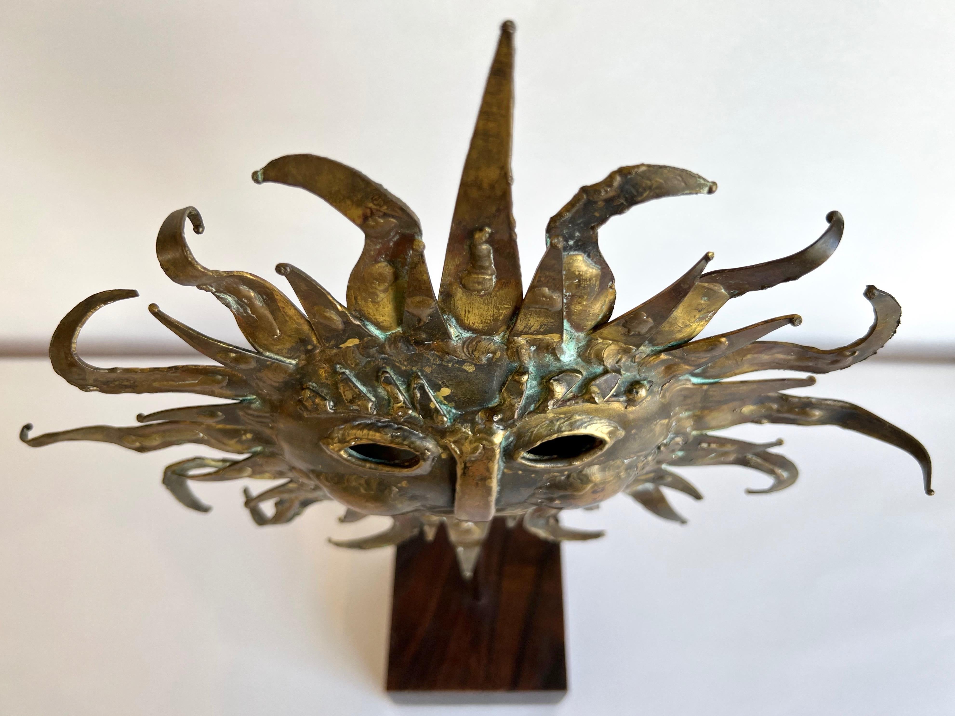 Emaús Brutalist Brass and Bronze Sun Face Sculpture on Stand, Signed, 1960s 8