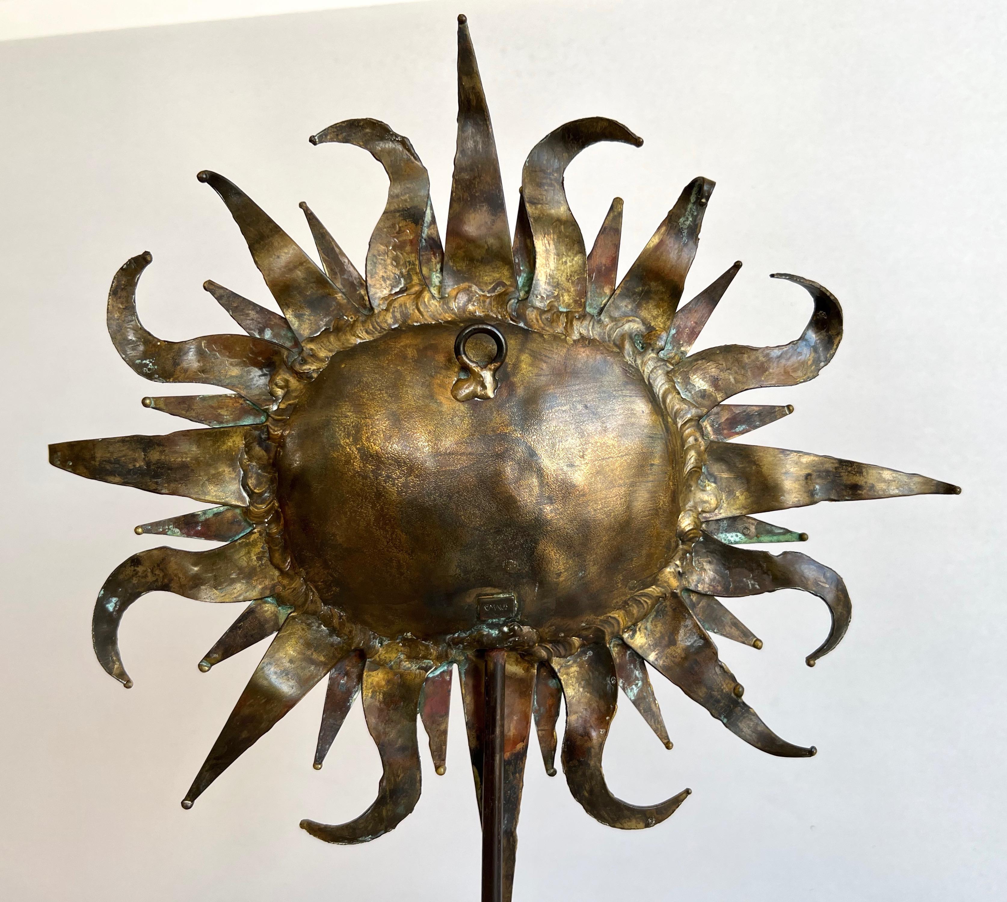 Emaús Brutalist Brass and Bronze Sun Face Sculpture on Stand, Signed, 1960s 11