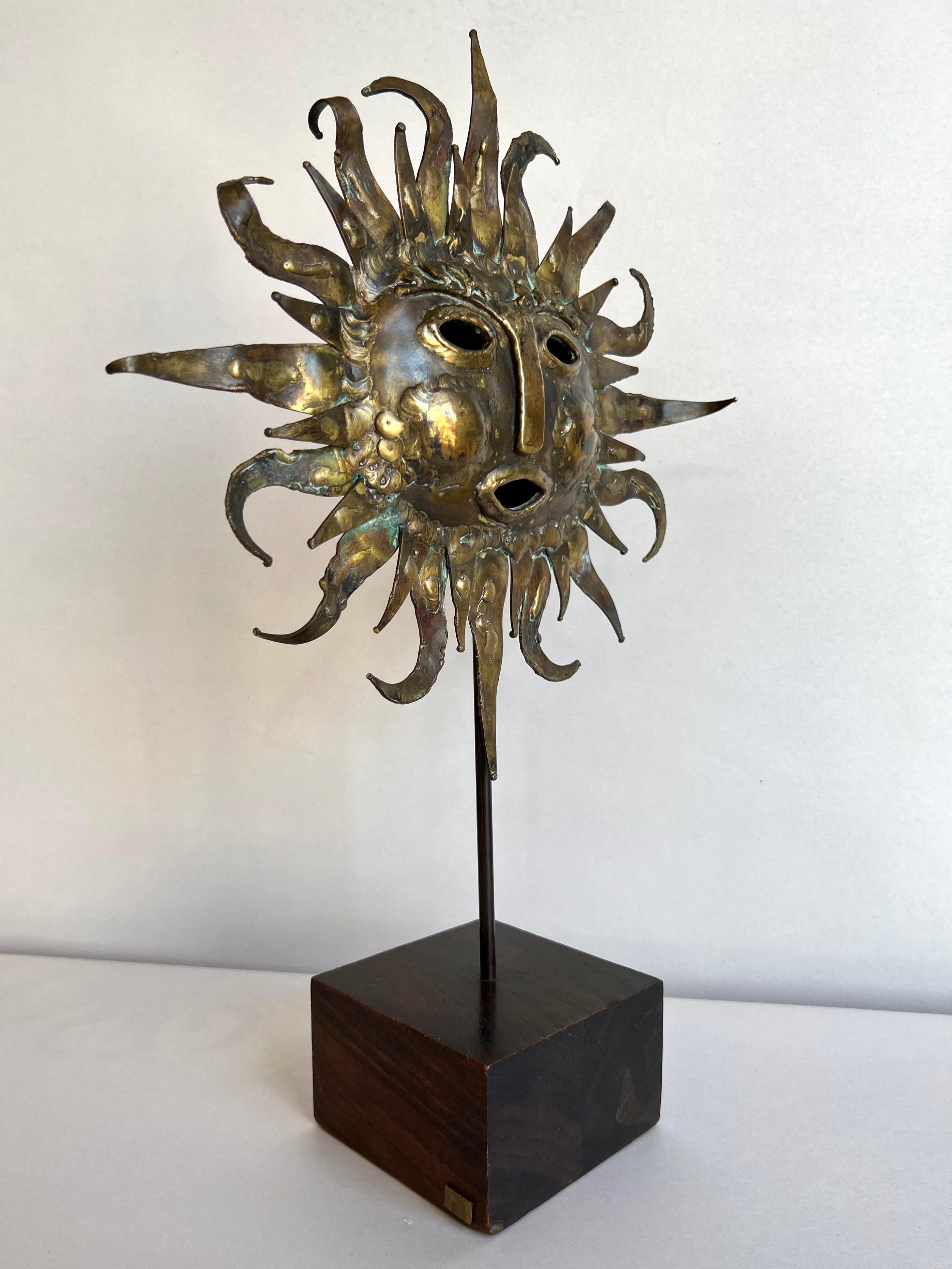 Mexican Emaús Brutalist Brass and Bronze Sun Face Sculpture on Stand, Signed, 1960s