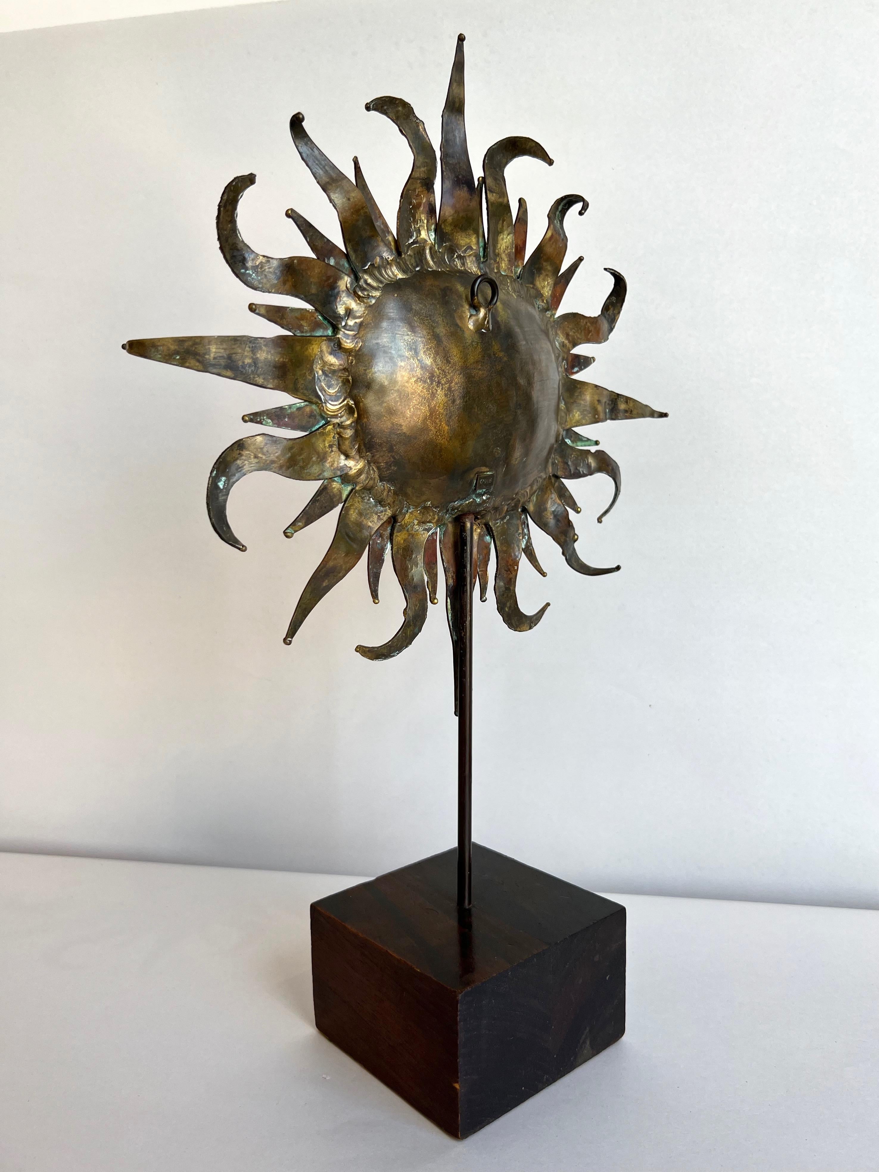Laiton Emaús Brutalist Brass and Bronze Sun Face Sculpture on Stand, Signed, 1960s