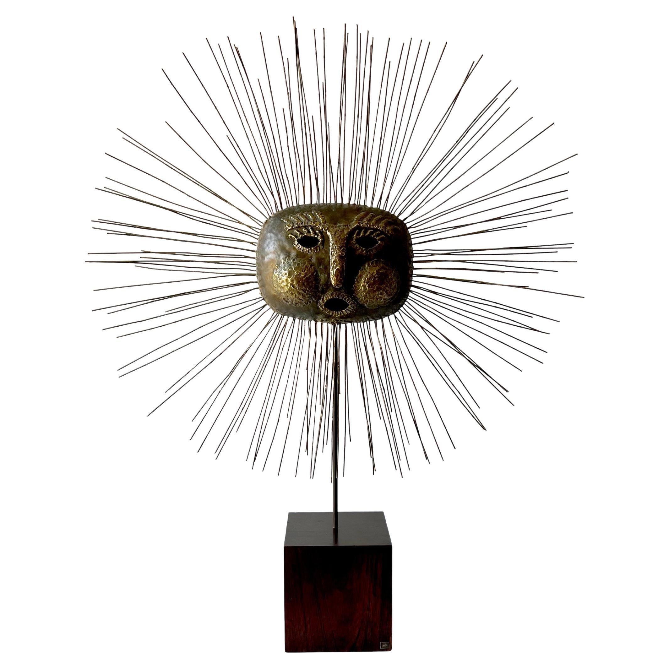 Emaus Brutalist Brass and Bronze Sun Face Sculpture on Stand, Signed, 1960s