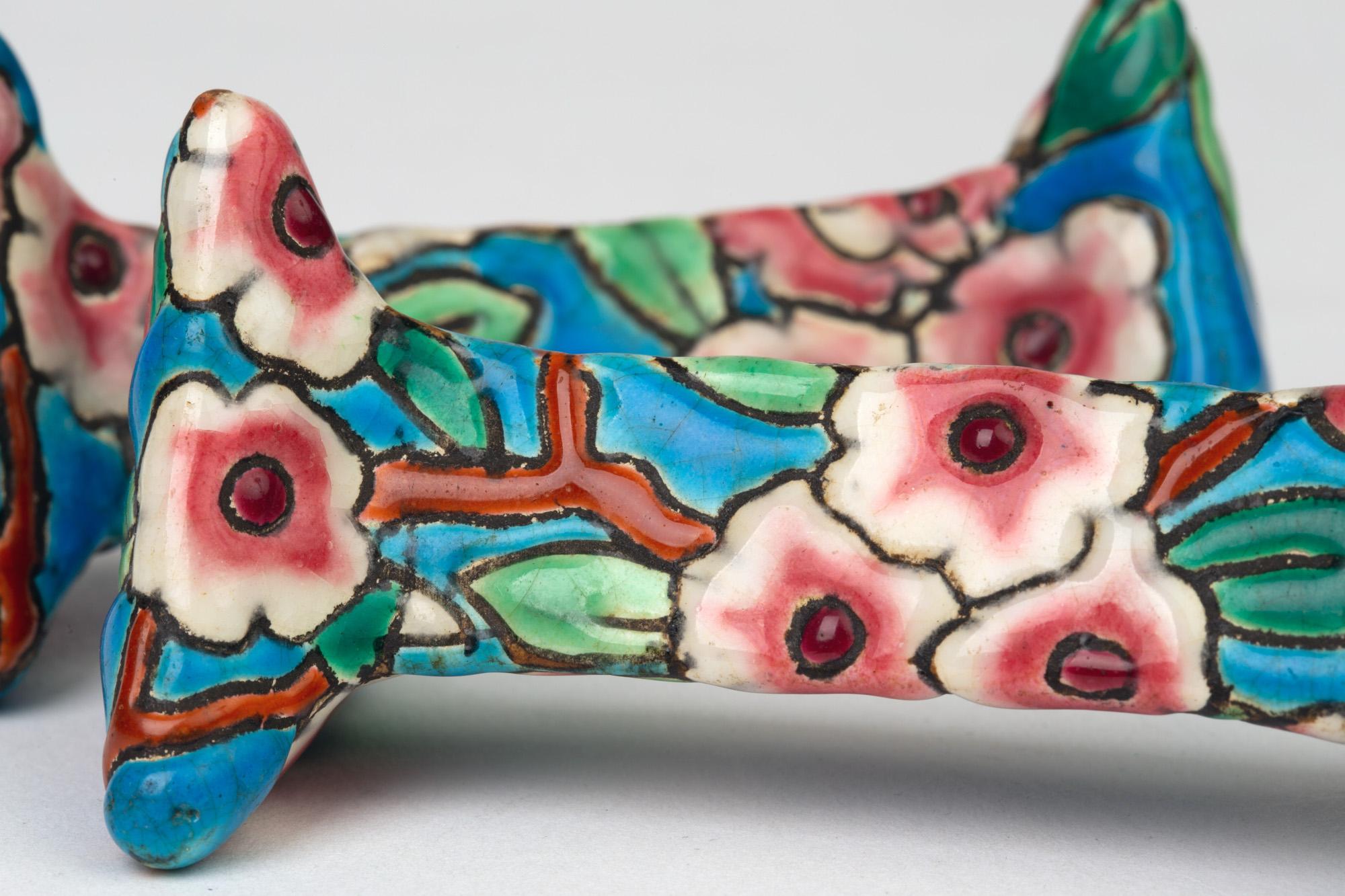 Hand-Painted Emaux De Longwy Art Deco Pottery Knife Rests