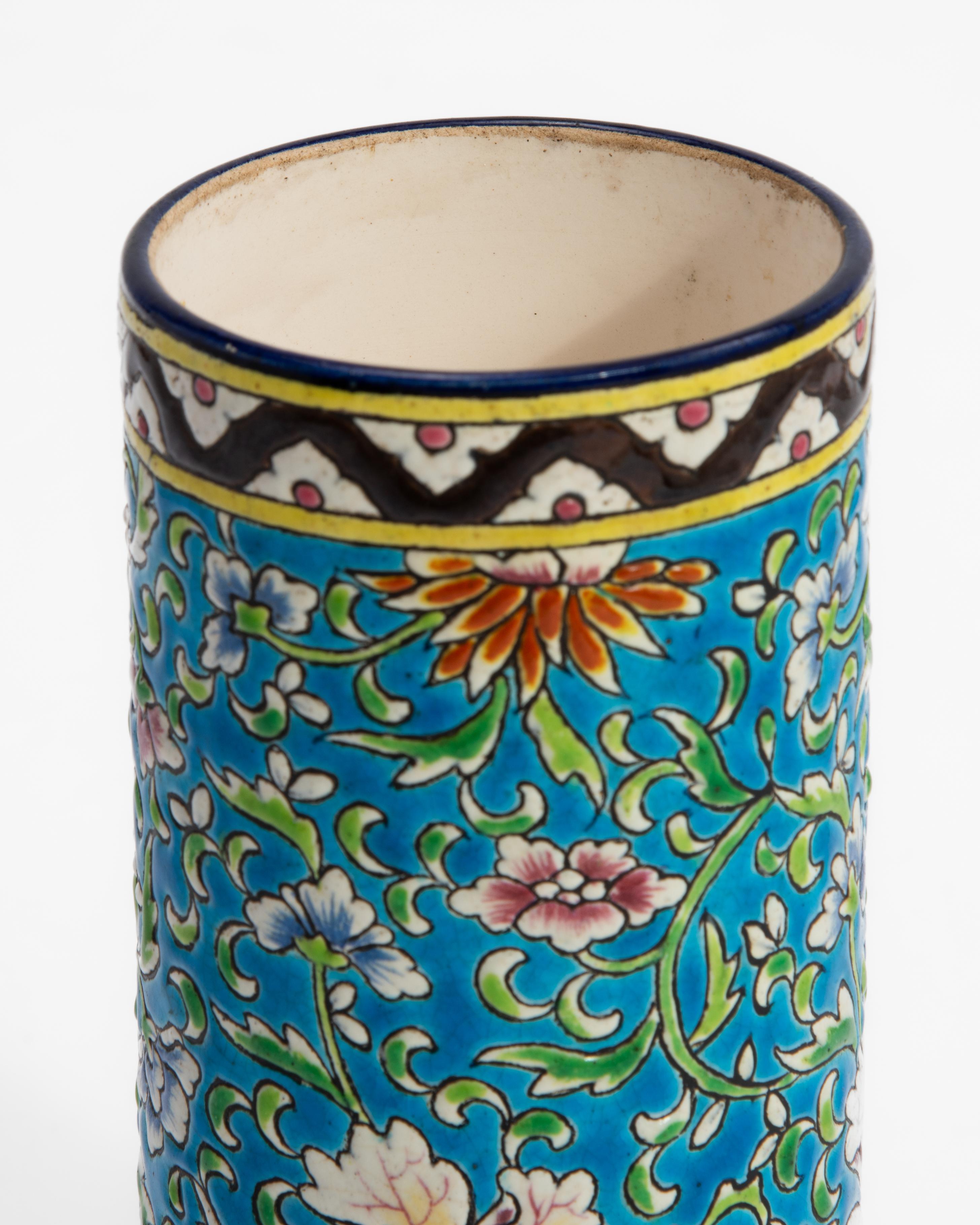 Emaux De Longwy Zylinder Vase Floral Cloisonne Dekoration 1920er Jahre Frankreich markiert im Angebot 2