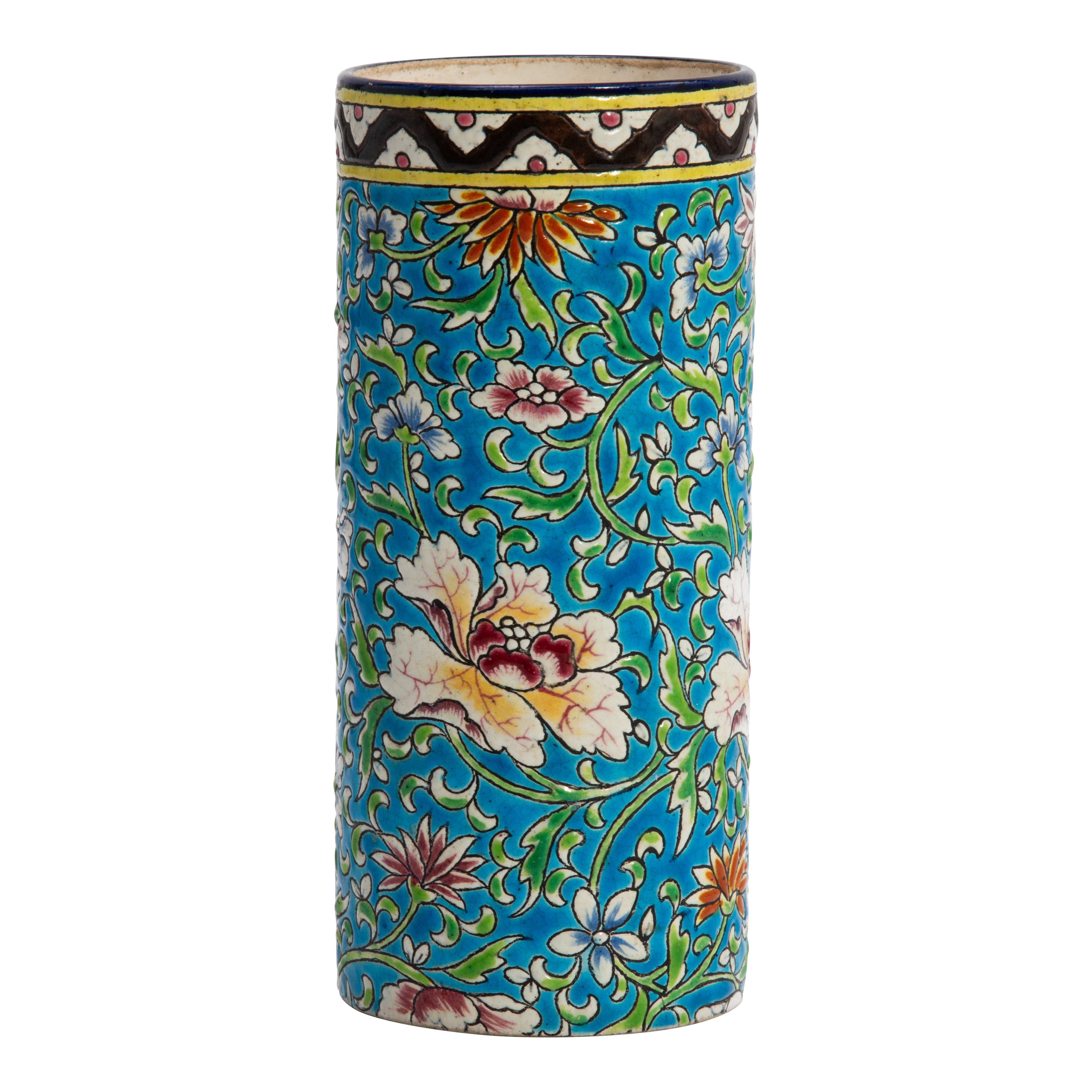 Emaux De Longwy Zylinder Vase Floral Cloisonne Dekoration 1920er Jahre Frankreich markiert im Angebot