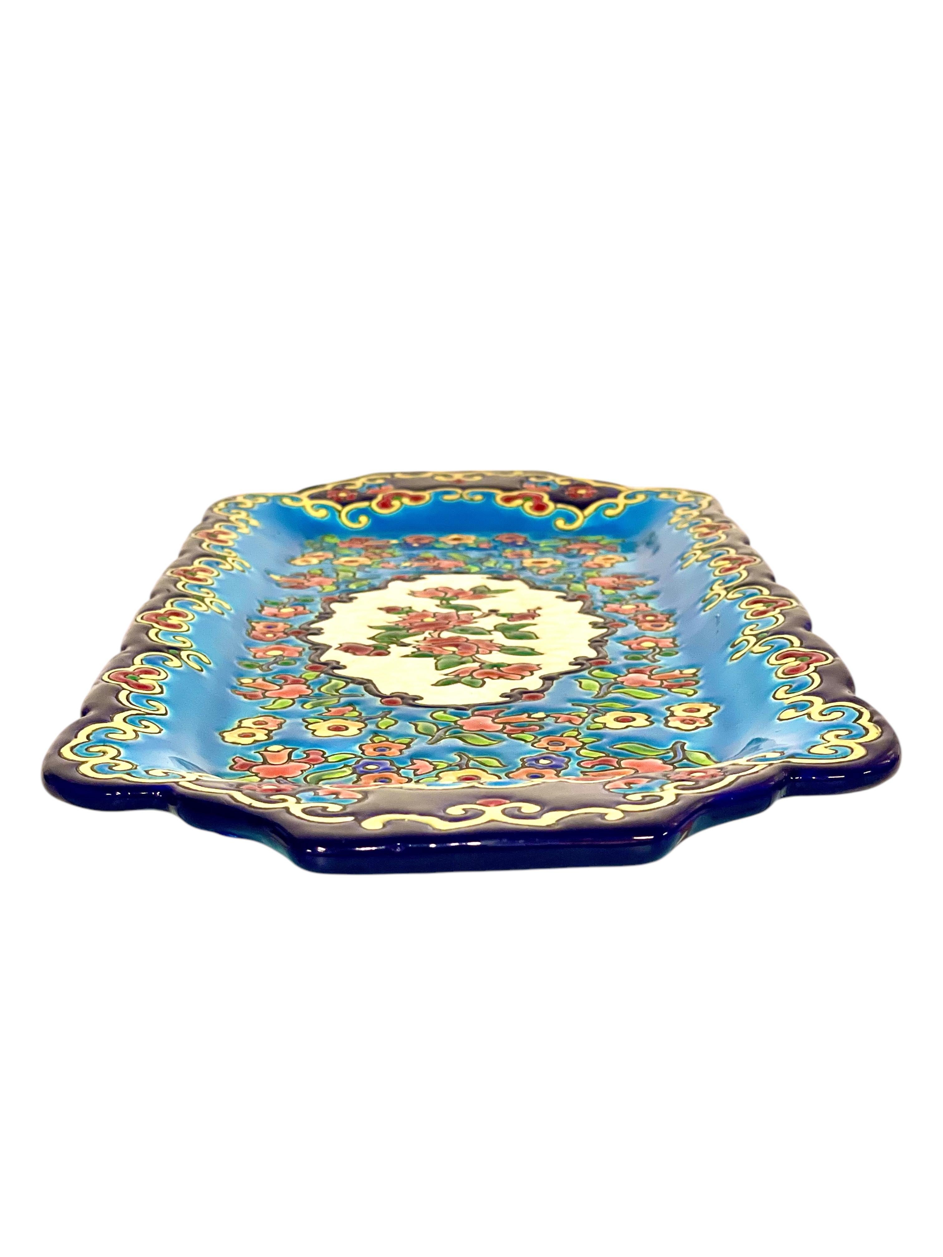 Émaux de Longwy Plato Floral Esmaltado, Cerámica Rectangular en venta 5