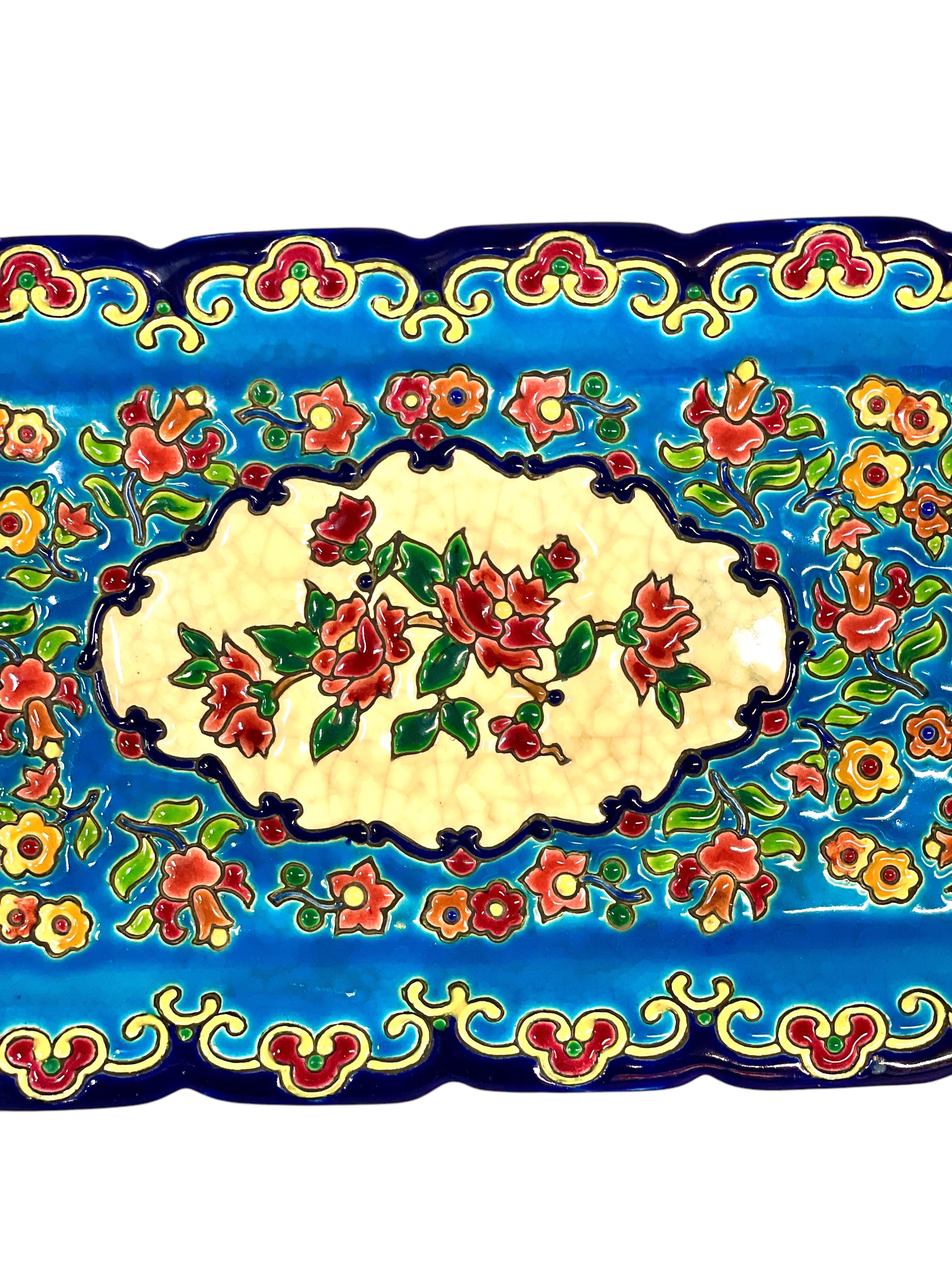 Émaux de Longwy Plato Floral Esmaltado, Cerámica Rectangular Francés en venta
