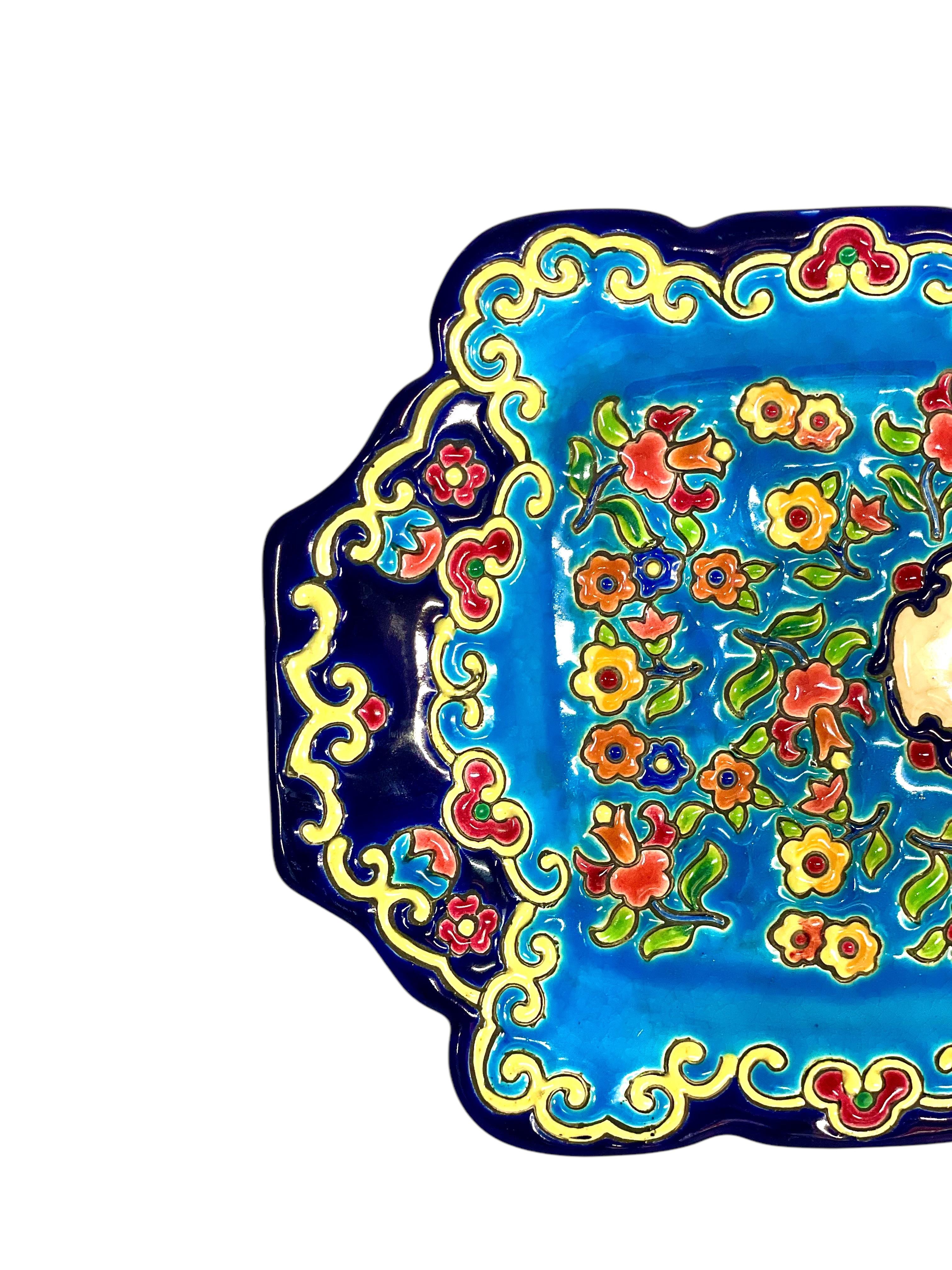 Émaux de Longwy Plato Floral Esmaltado, Cerámica Rectangular Cerámico en venta