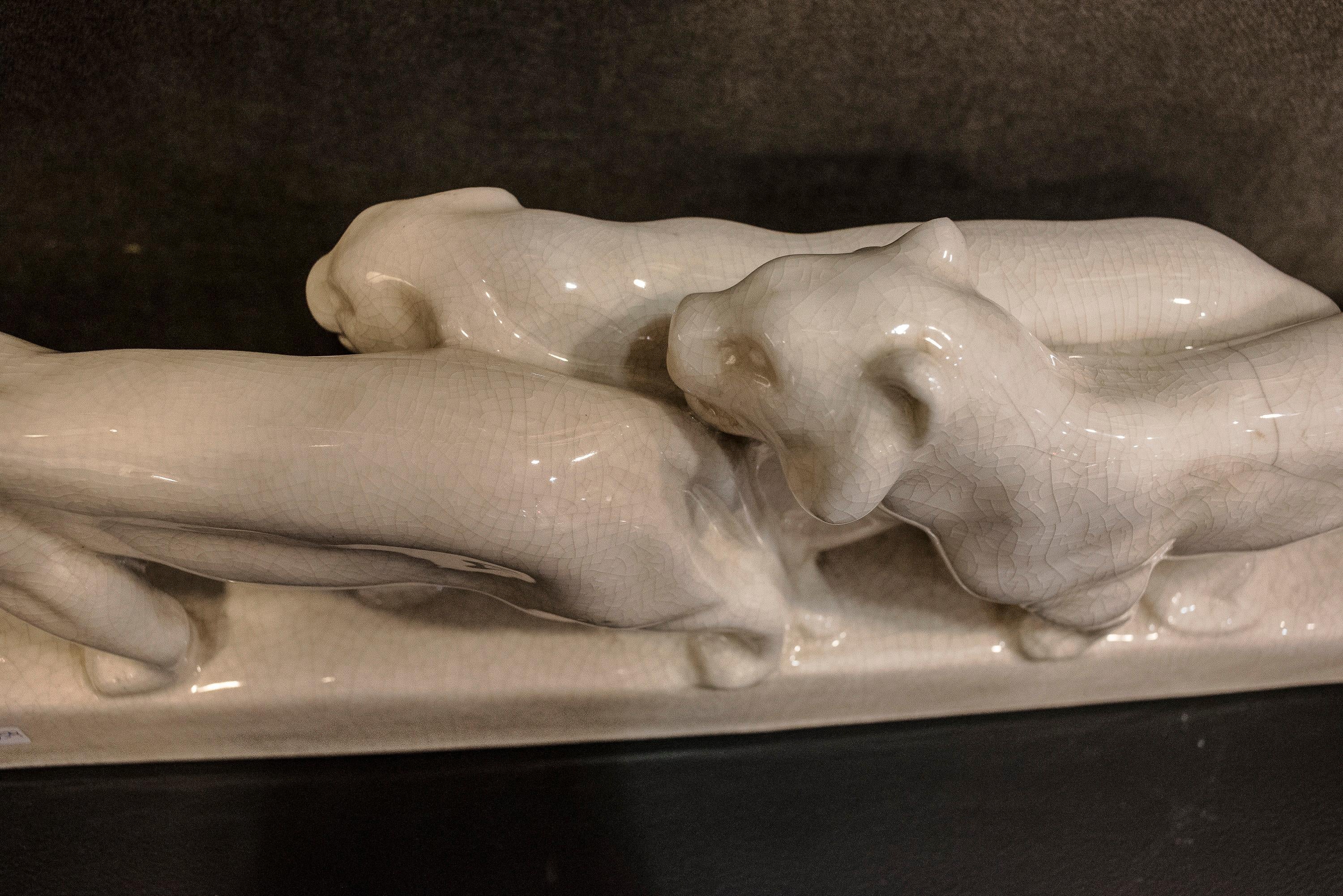 Emaux de Louviere 20th Century White Lionesses Ceramic Belgium Sculpture 3