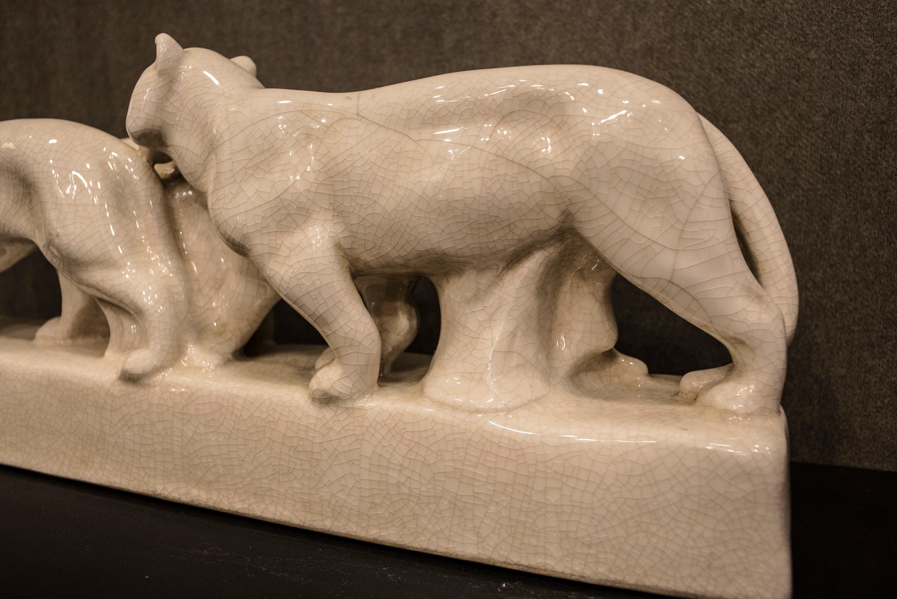 Emaux de Louviere 20th Century White Lionesses Ceramic Belgium Sculpture 4