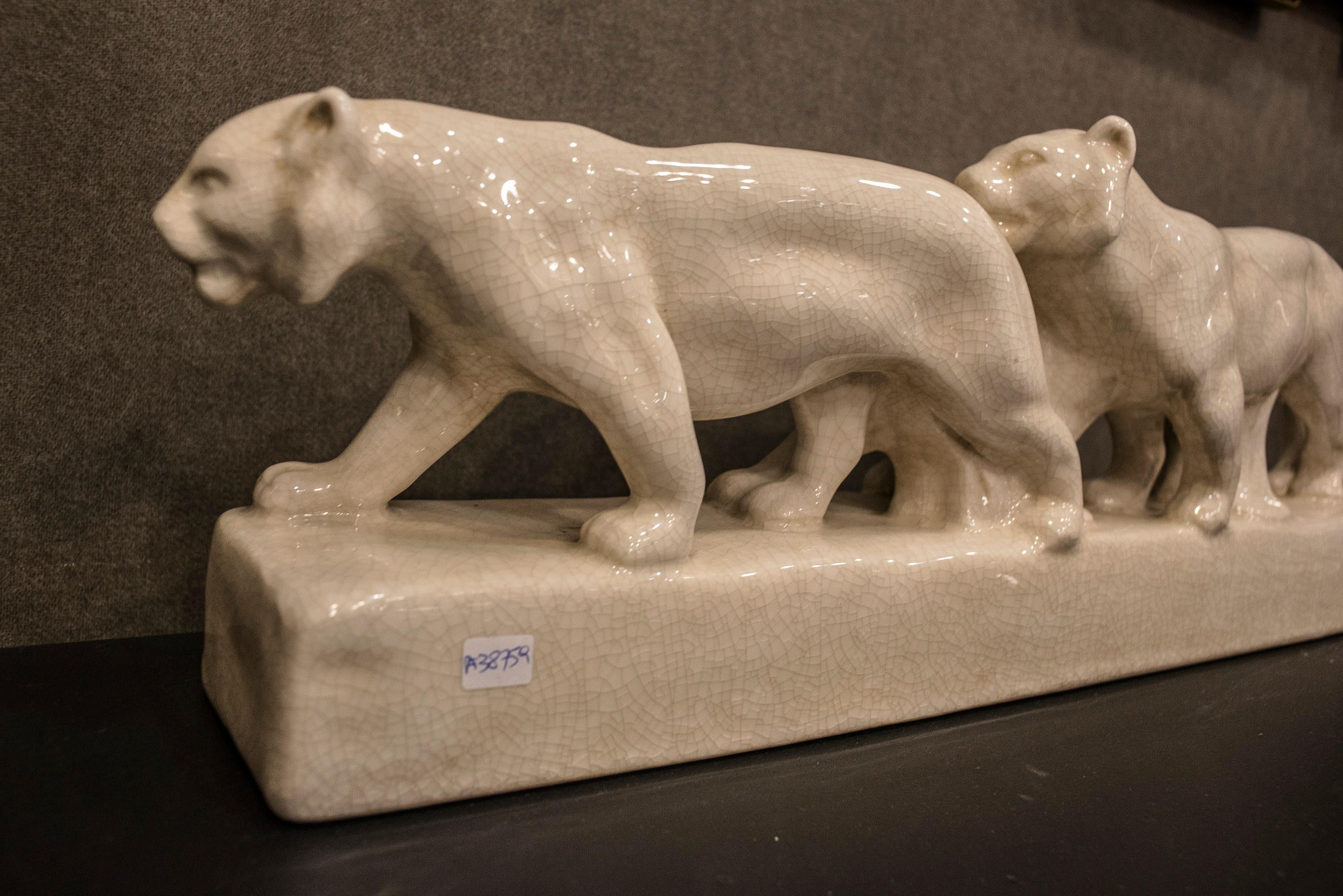 Emaux de Louviere 20th Century White Lionesses Ceramic Belgium Sculpture 5