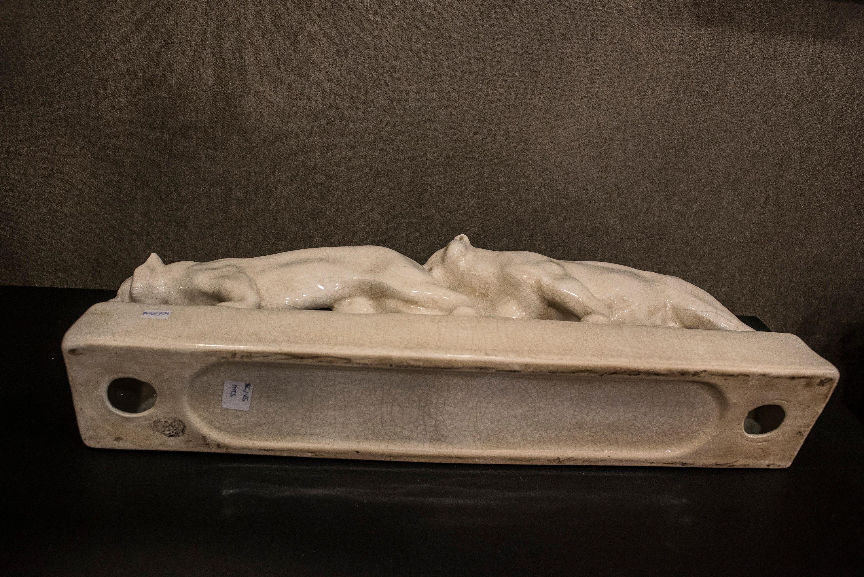 Emaux de Louviere 20th Century White Lionesses Ceramic Belgium Sculpture 6