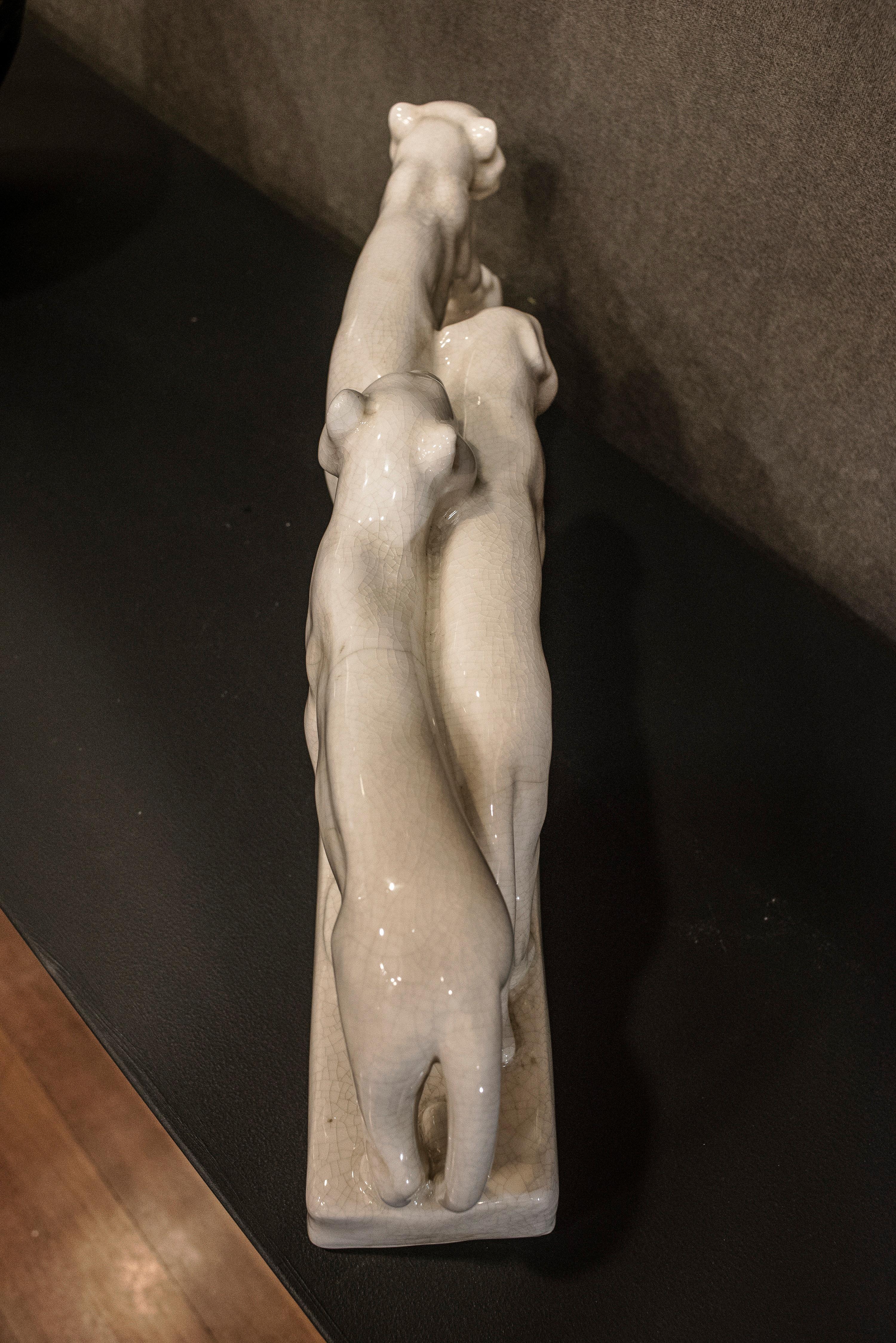 Emaux de Louviere 20th Century White Lionesses Ceramic Belgium Sculpture 9