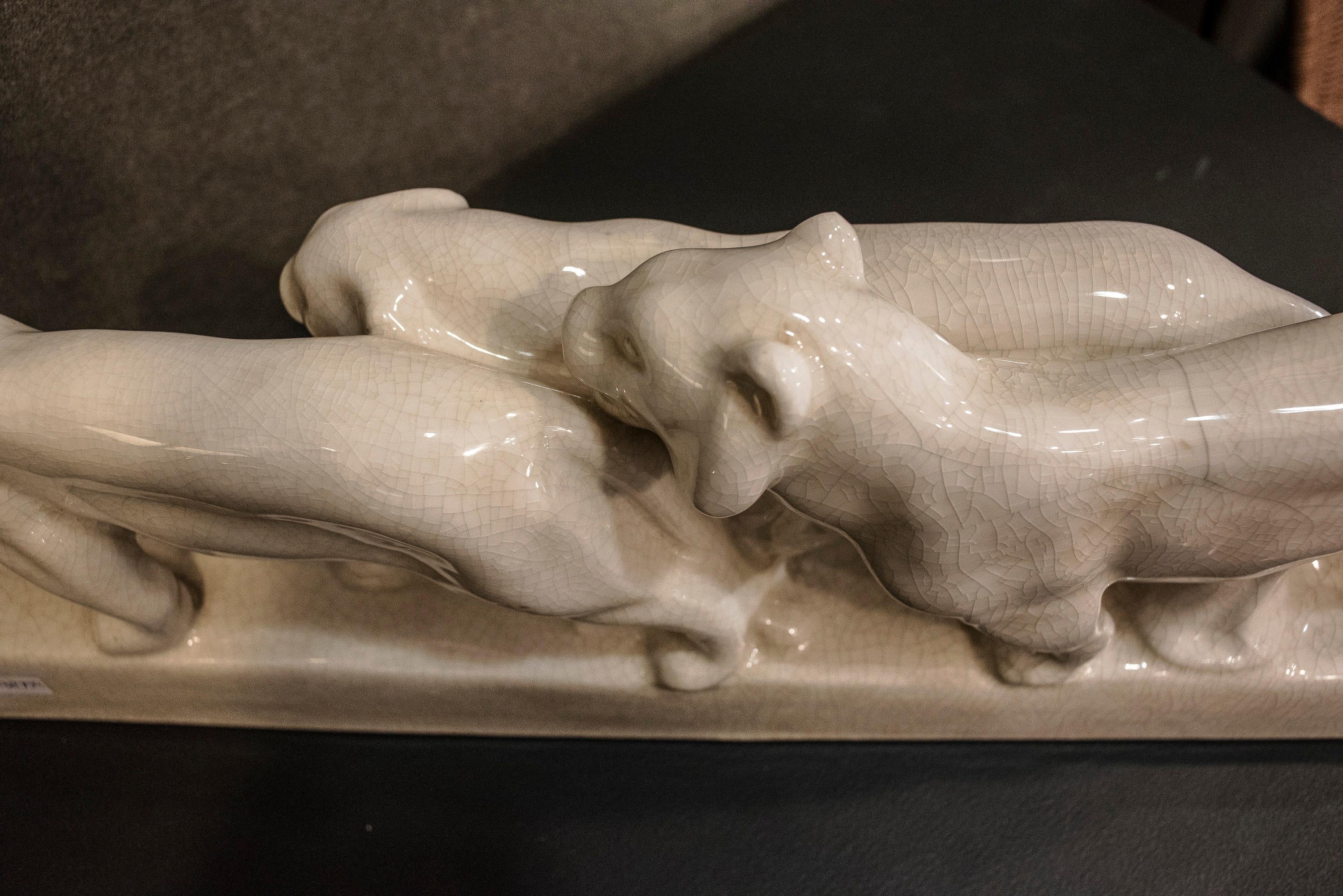 Emaux de Louviere 20th Century White Lionesses Ceramic Belgium Sculpture 10