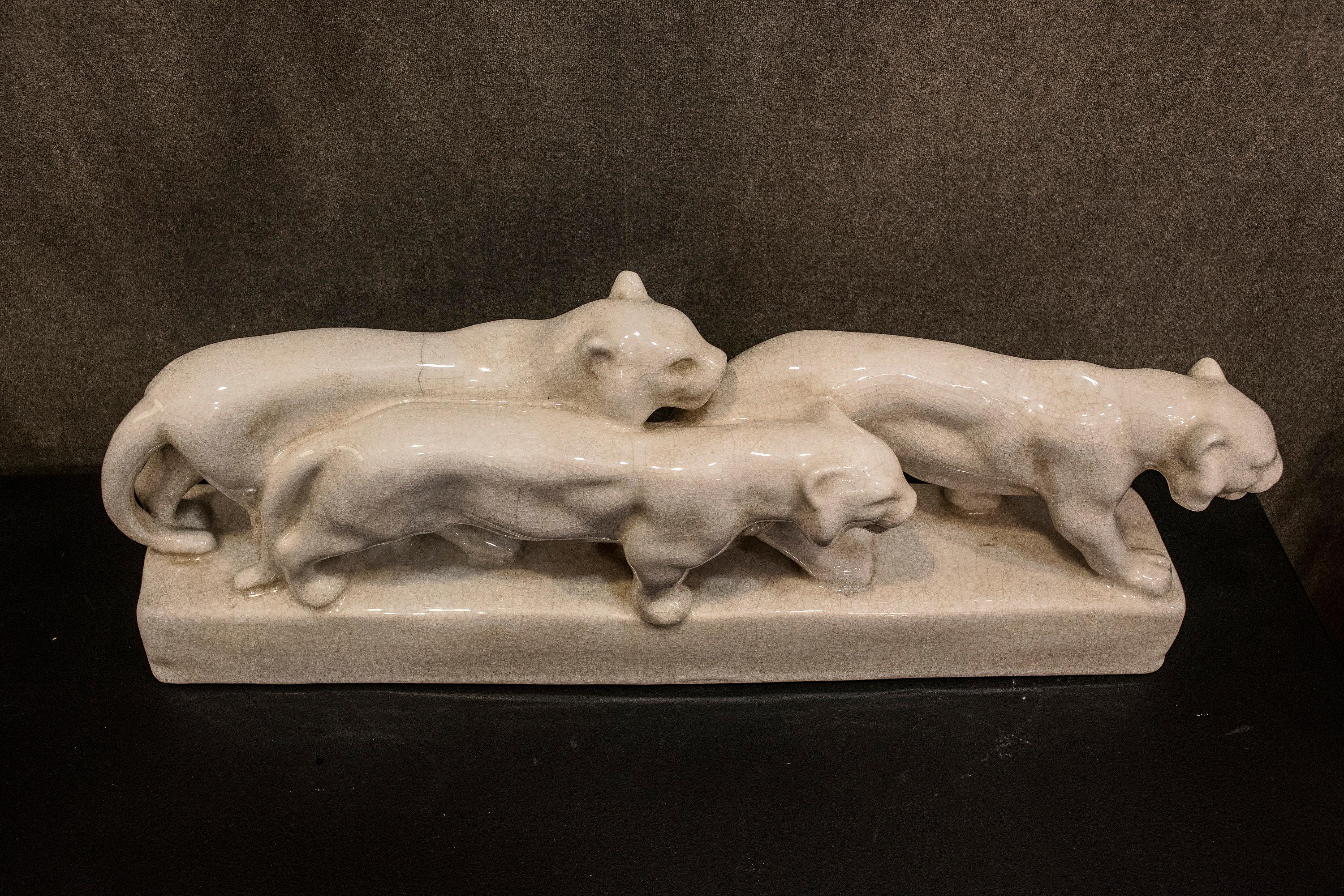 Awesome Art Deco white lionesses ceramic sculpture by 
