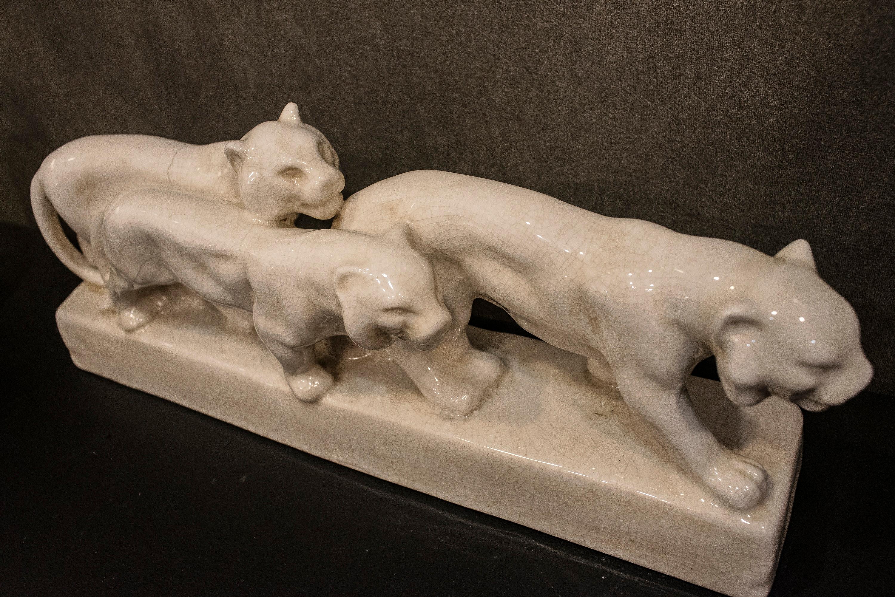 Art Deco Emaux de Louviere 20th Century White Lionesses Ceramic Belgium Sculpture